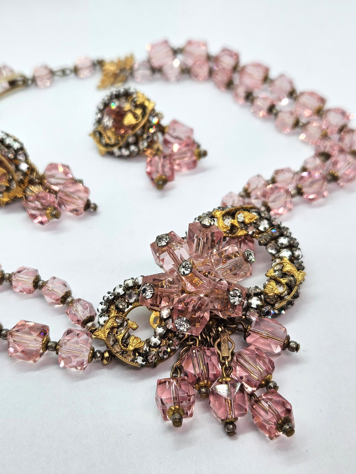 Vintage Original by Robert? Necklace & Earrings Pink Crystal Beads Rhinestones