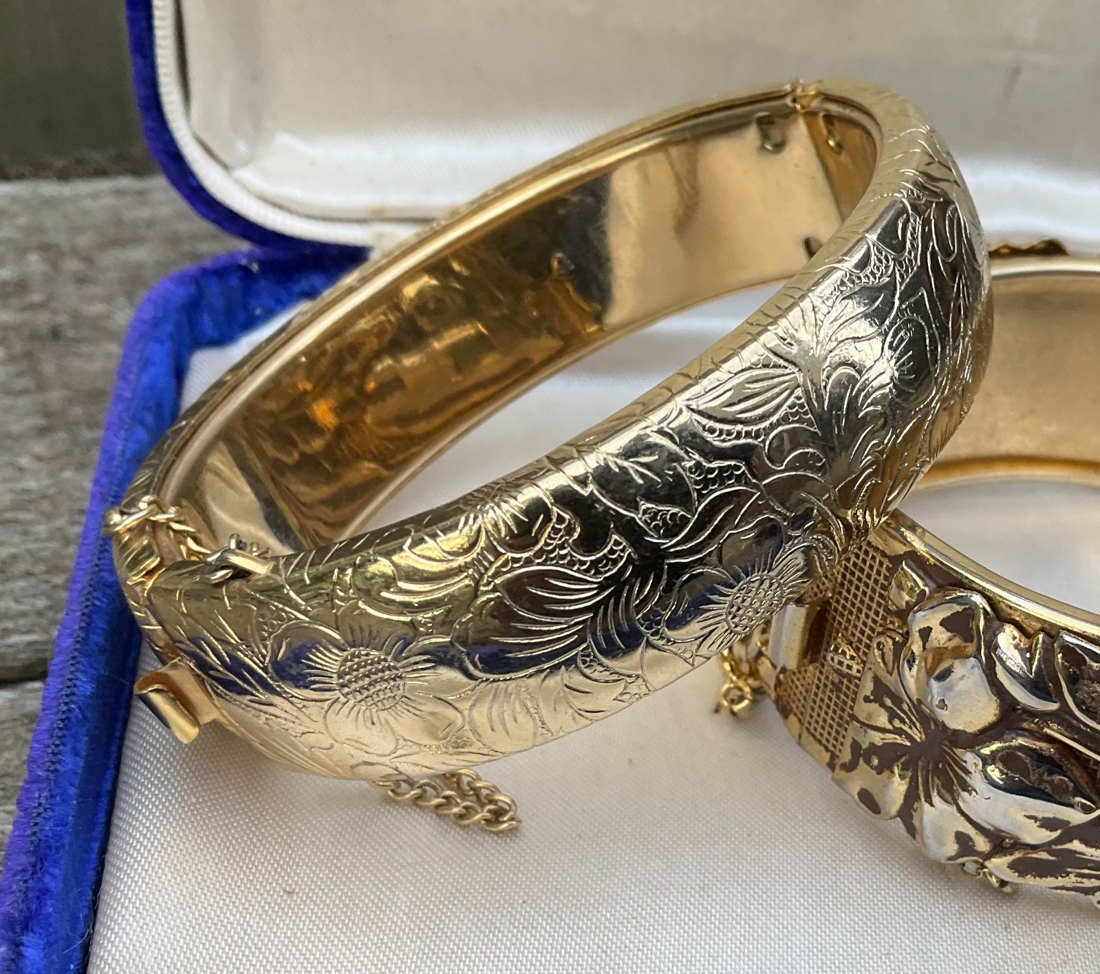 Vintage CUFF BANGLE BRACELETS Repousse Floral Nouveau Wide Gold Tone Finish