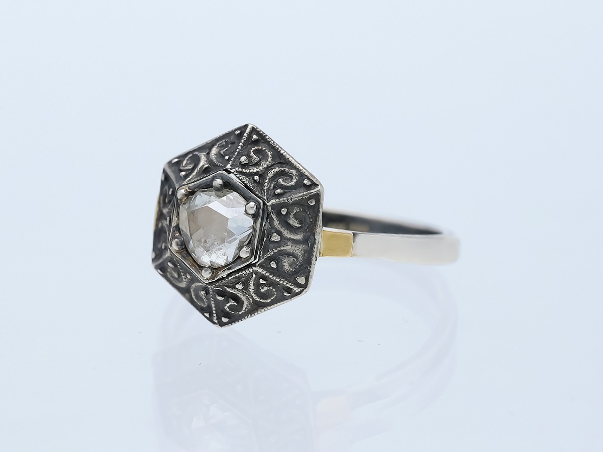 Antique Solitaire Ring 0.35ct. Brilliant diamond 925 silver 585 gold detail j…