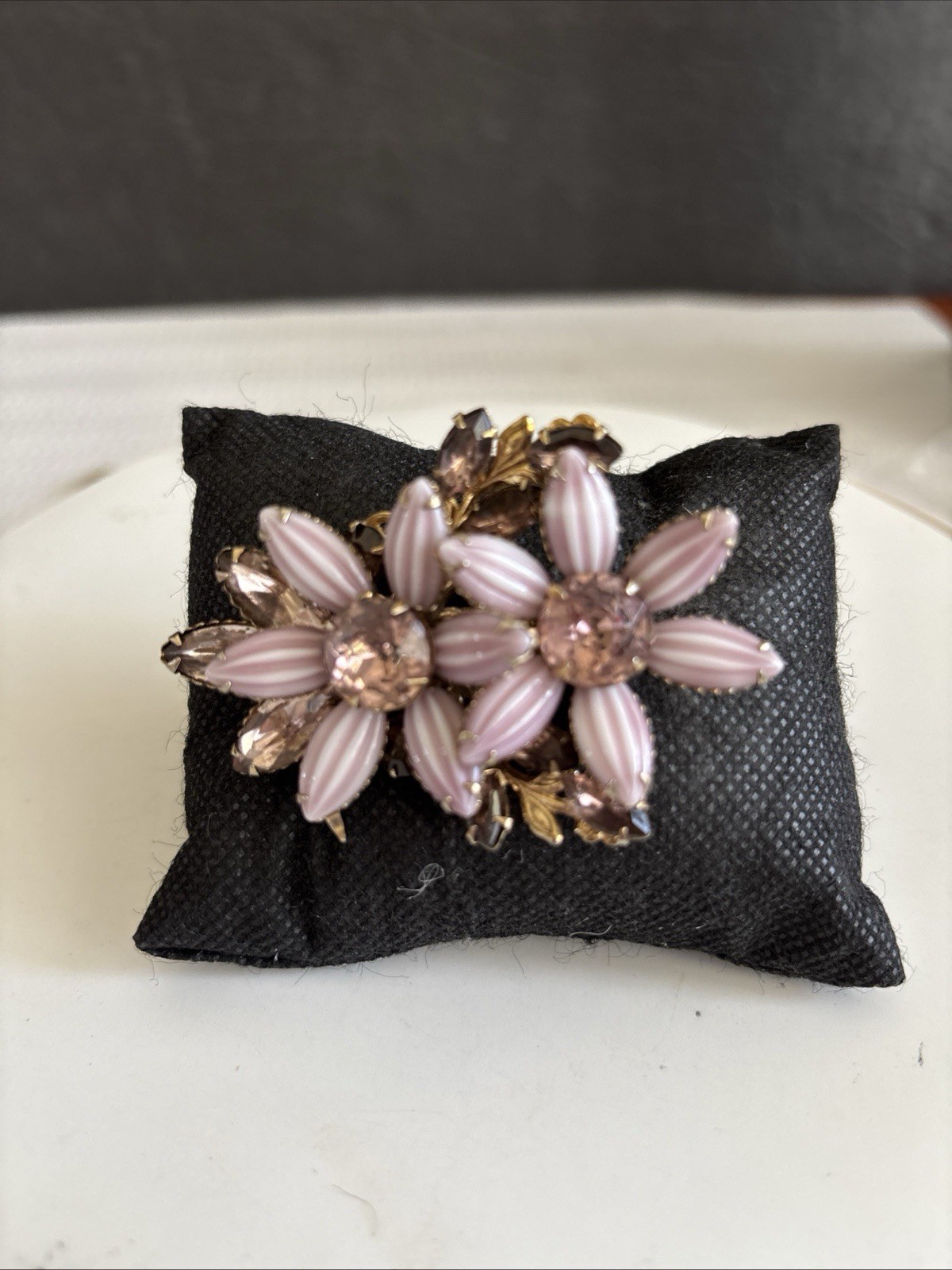 Vintage Purple Layered Flower Brooch Molded Lucite Petals Glass Rhinestones