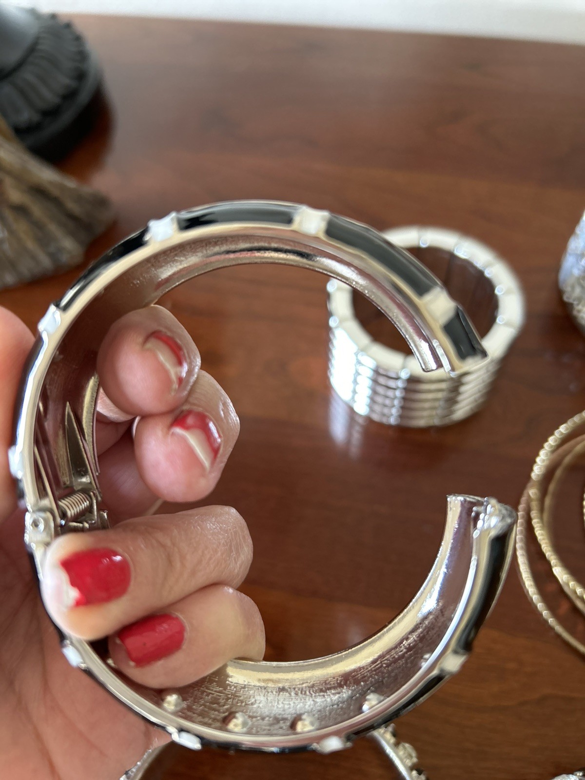 Vintage Metal Black And White Inlayed Enamel Bangles LOT OF 6 BANGLES
