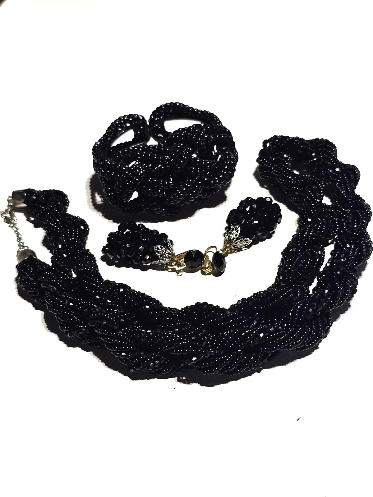 TWISTED STRAND BLACK GLASS SEAD BEAD NECKLACE, EARRINGS & BRACELET – VINTAGE