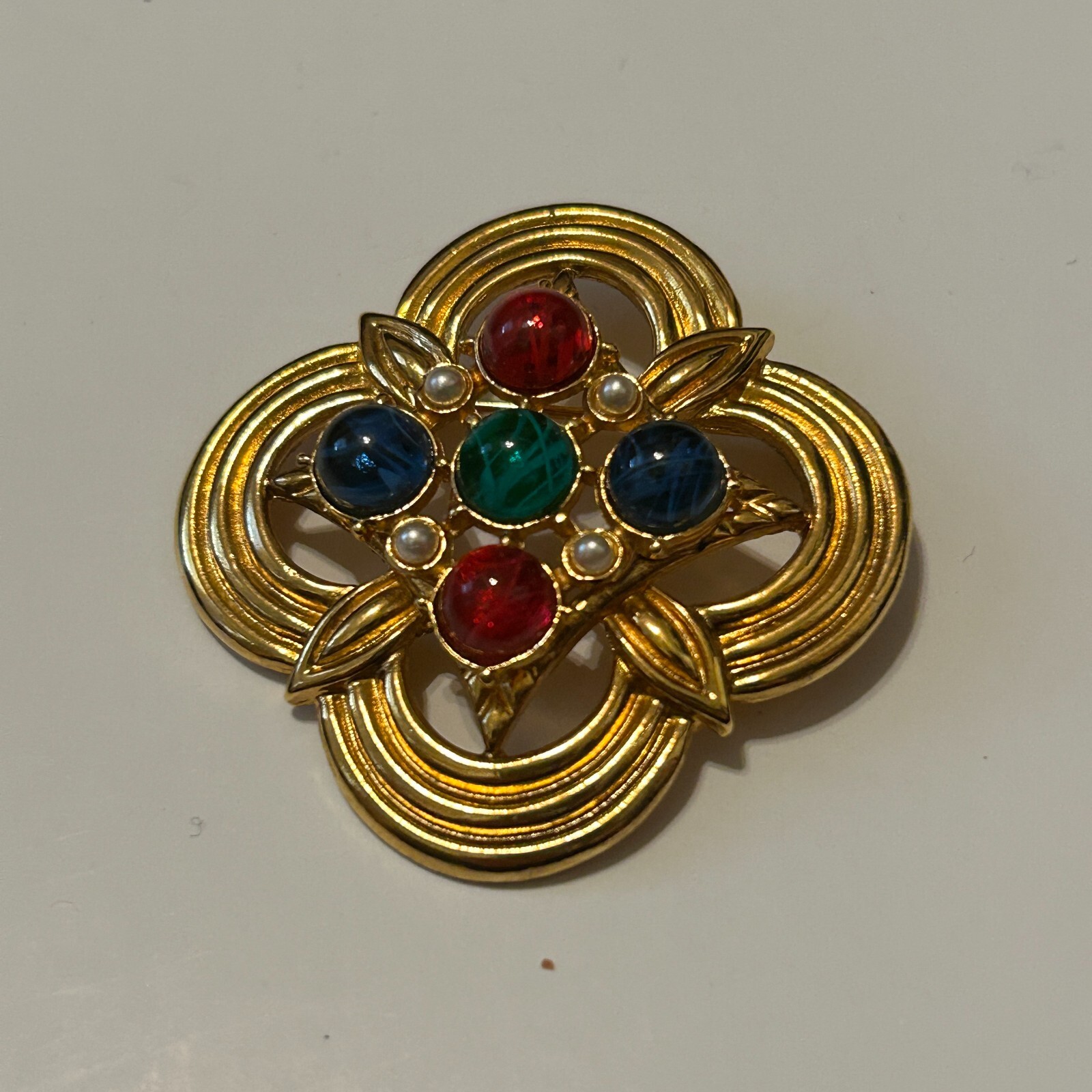 Vtg Ben Amun Gold Plated Jeweled Mogul Gripoix Poured Glass Brooch Pin Unsigned