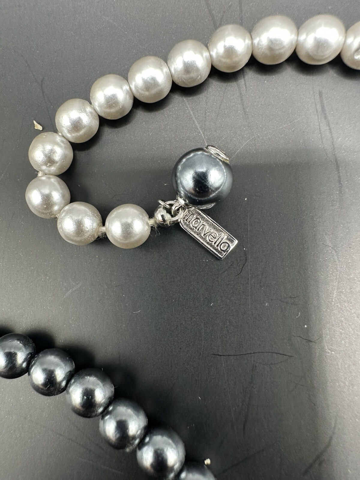 Vtg Signed Marvella White and Gray Faux Pearl Necklace 23” Long