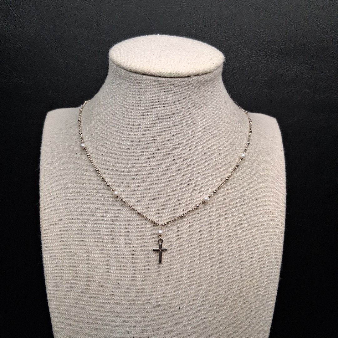 STERLING SILVER 925 Freshwater Pearl Station Necklace Cross Pendant. 17.707