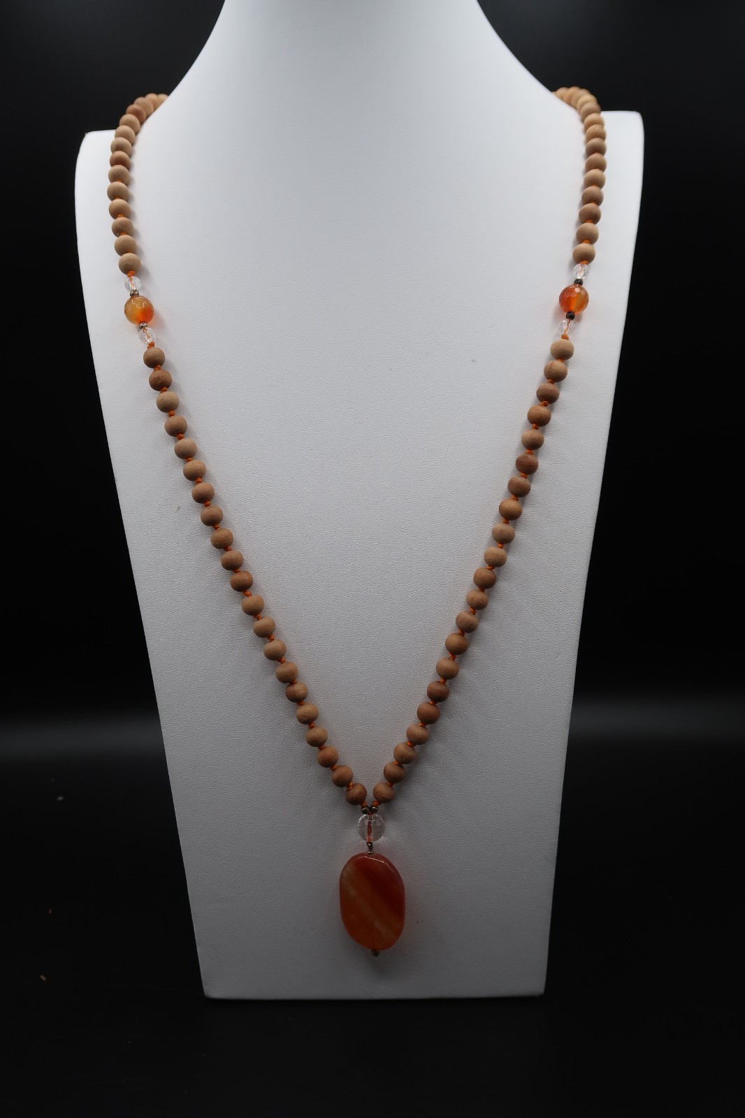 Vtg Hand Knot Strung Wood Bead Carnelian Agate Pendant Necklace Blooming Lotus