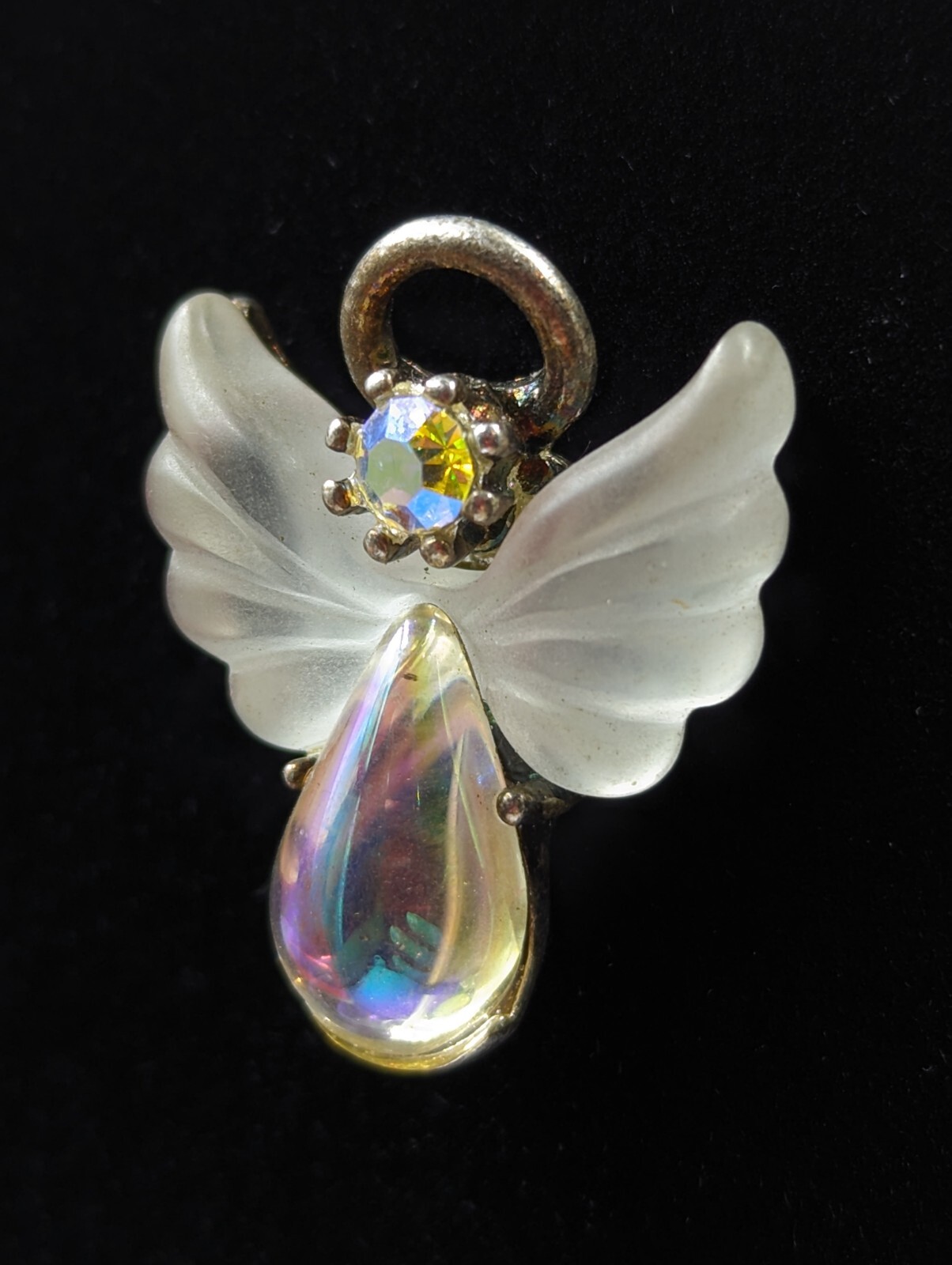 Rare! Vintage LIT USA Silver Tone Faux AB Lucite & Rhinestone Angel Pin K055