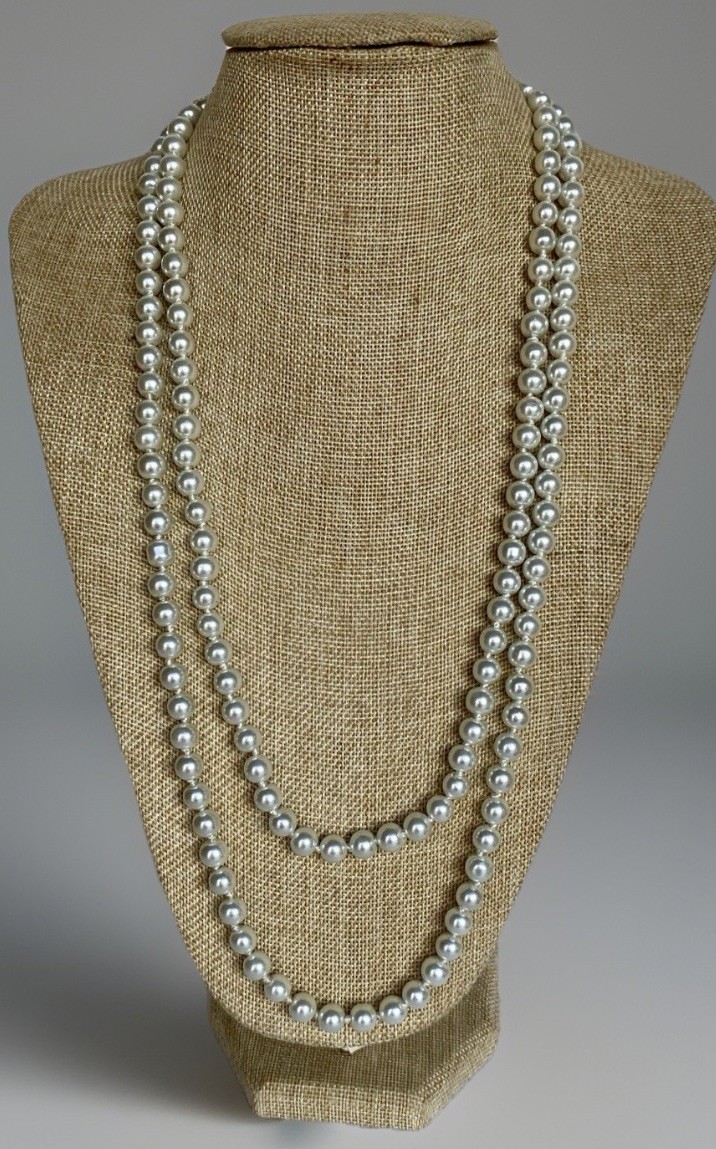 Vintage Rope Length Hand Knotted Faux Glass Pearl Necklace, 8mm Pearls, 56″