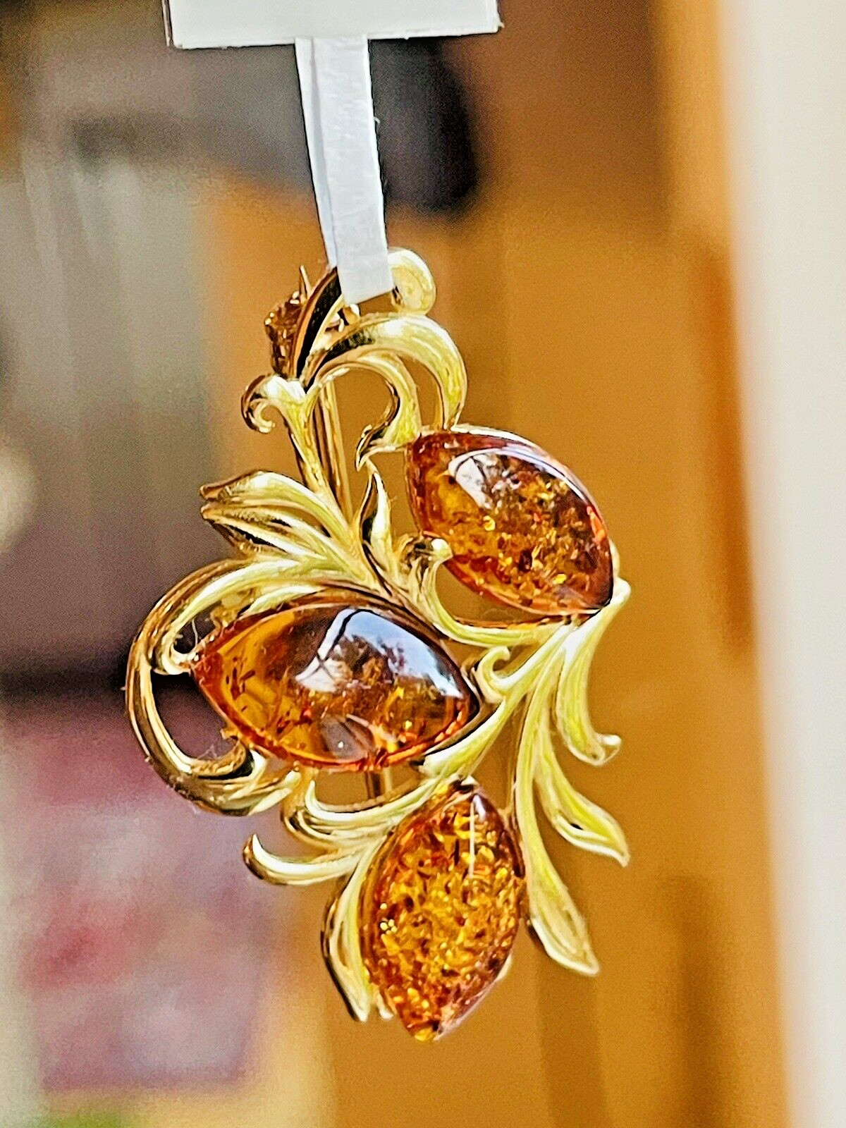 Genuine 14K Gold Filled Gilded Baltic Honey Cognac Amber Color Pin Brooch 925*
