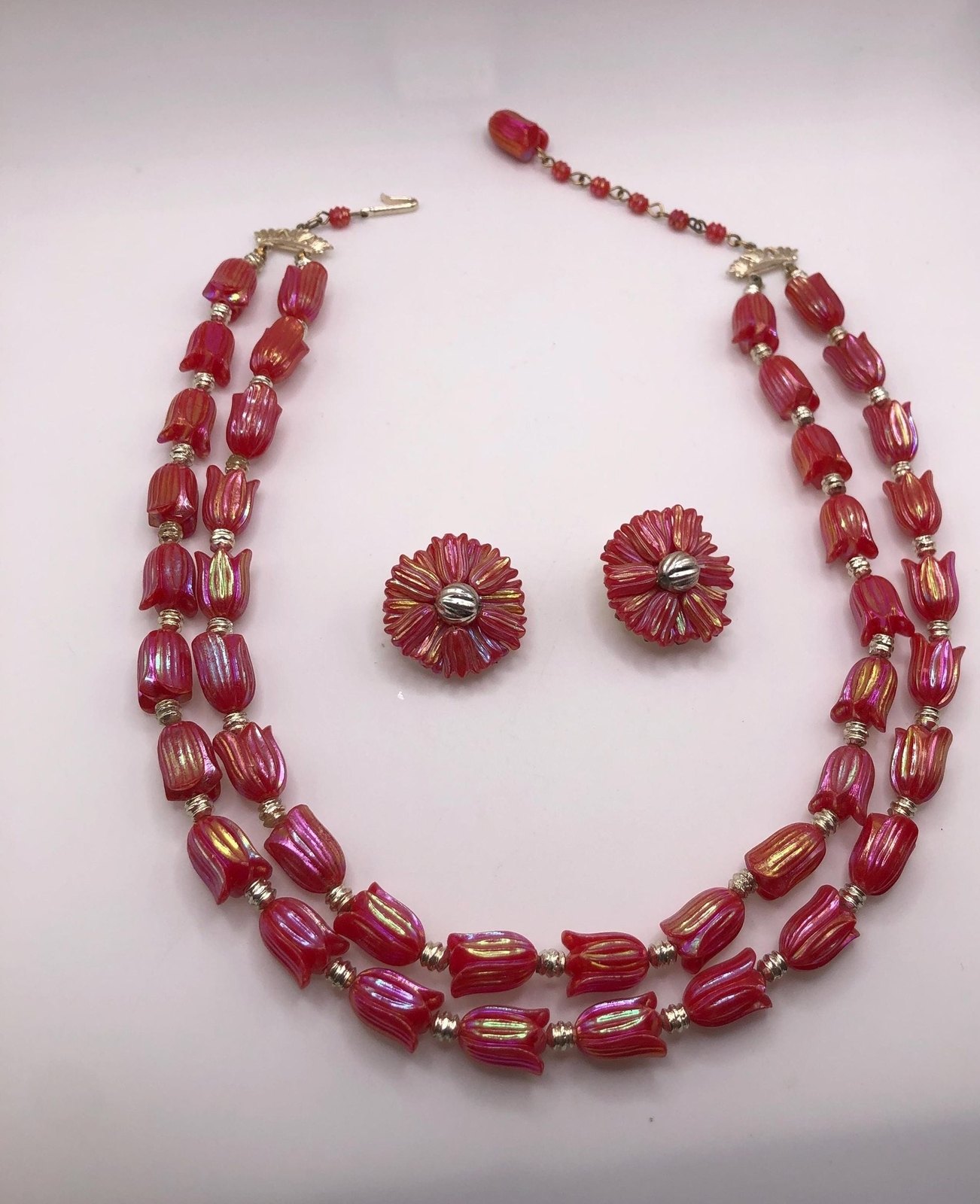 Vintage red iridescent tulip bead two strand necklace and earrings
