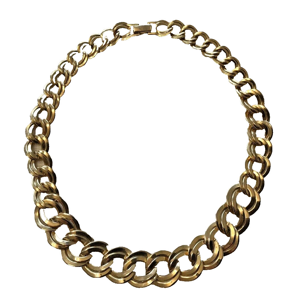VINTAGE 18” Double CURB LINK Chunky NECKLACE Shiny GOLD TONE GRADUATED VGUC