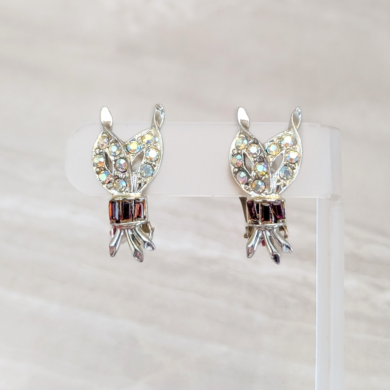 Vintage Clip On Earrings Red & Iridescent Gems Large 1.25″ – Fair Condition