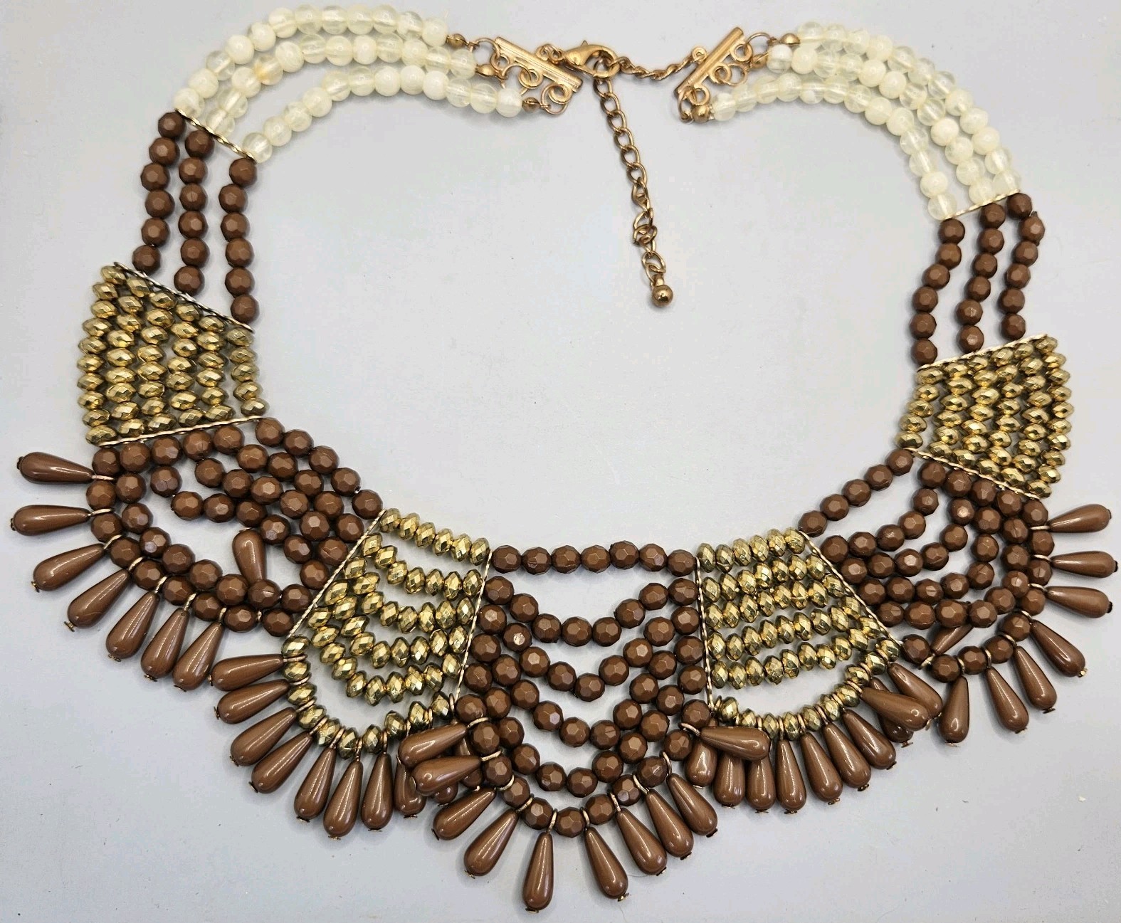 Beaded Necklace Tribal Bib Collar Statement Runway Boho Gold Tone Brown VTG 16″