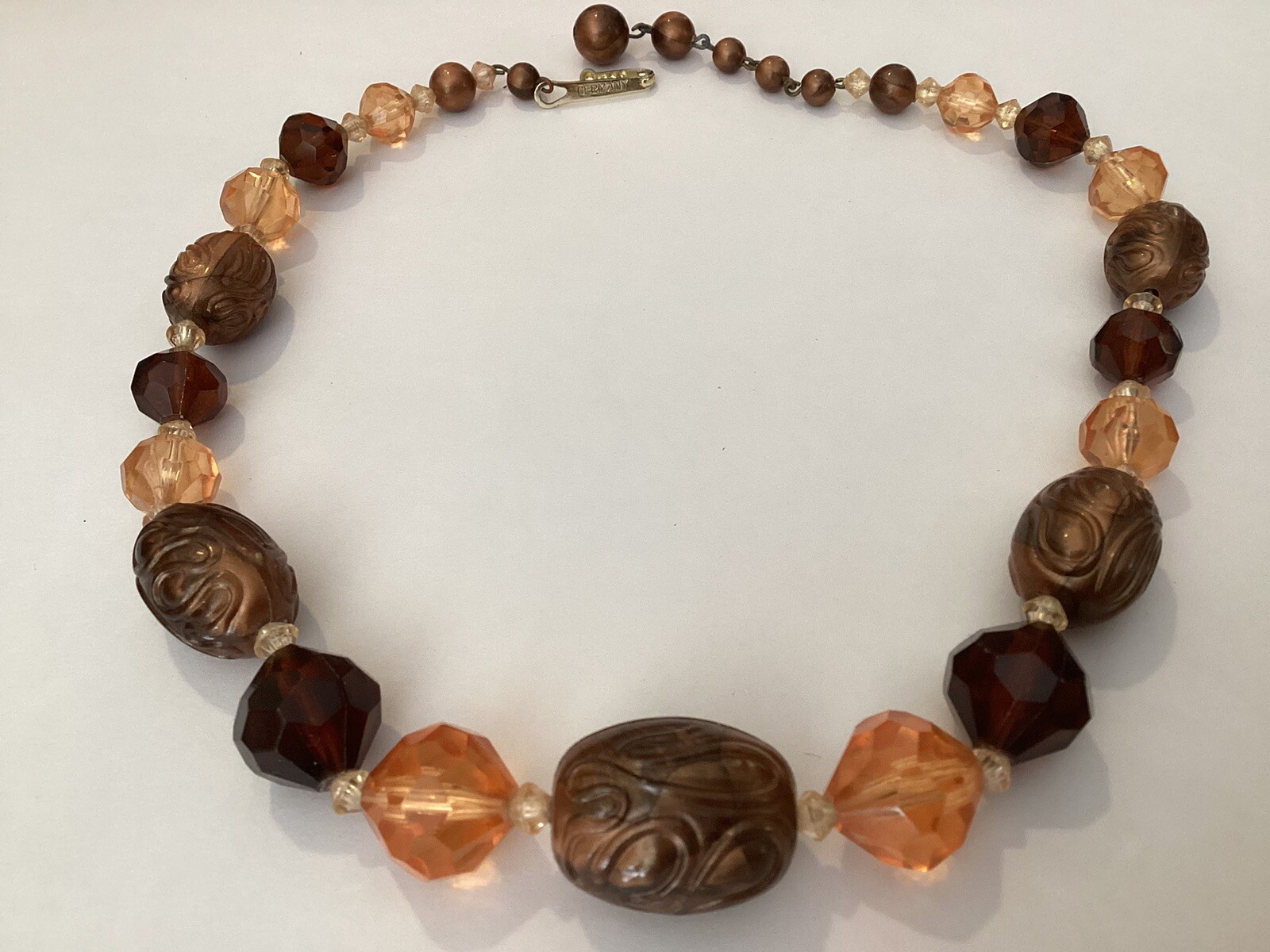 Gold Tone Necklace Peach & Shades Of Brown beads 18” marked Germany Vintage
