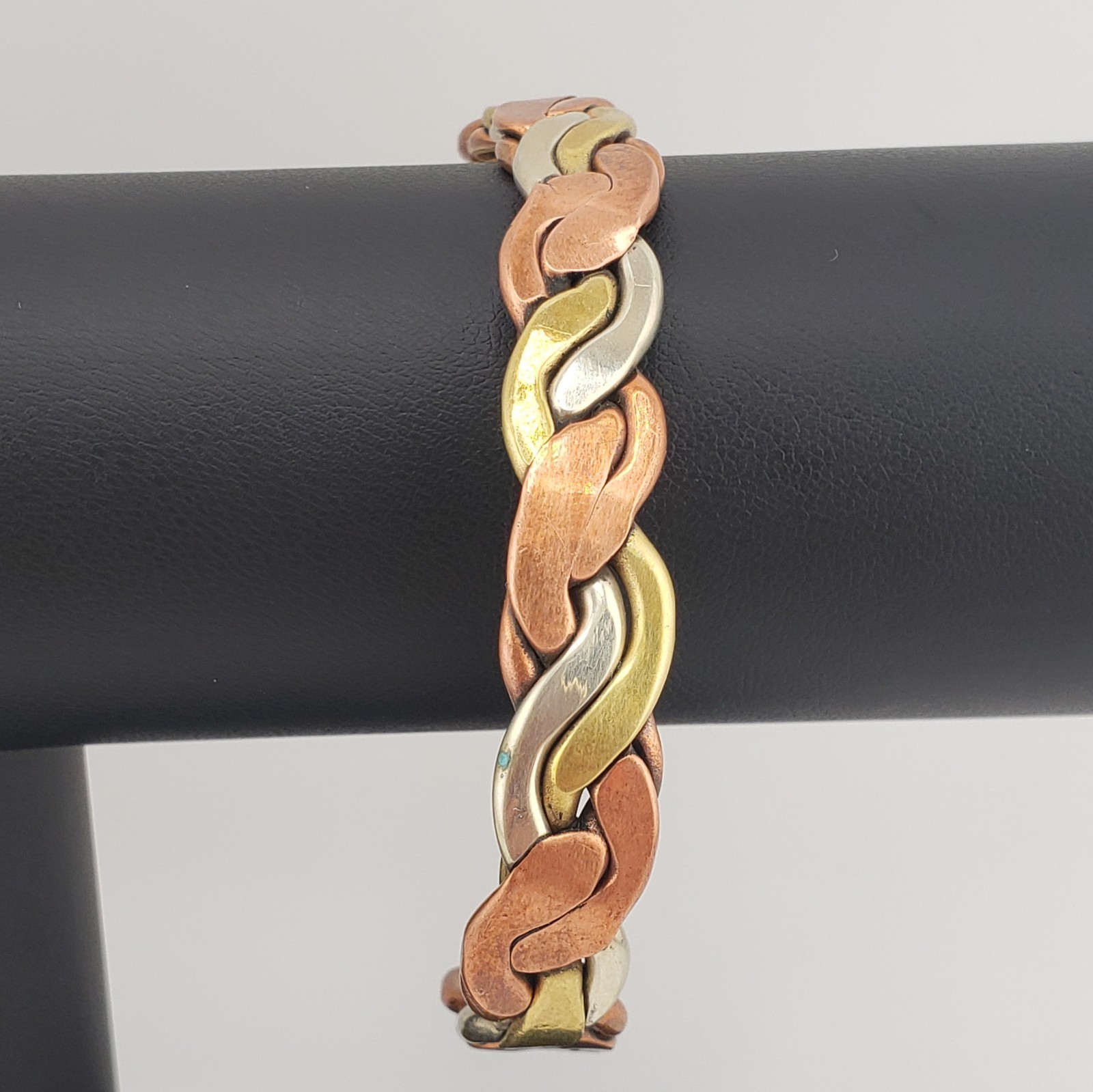 Vintage Tri Color Mens Cuff Bracelet Copper Brass Silver Tone Twist Braid