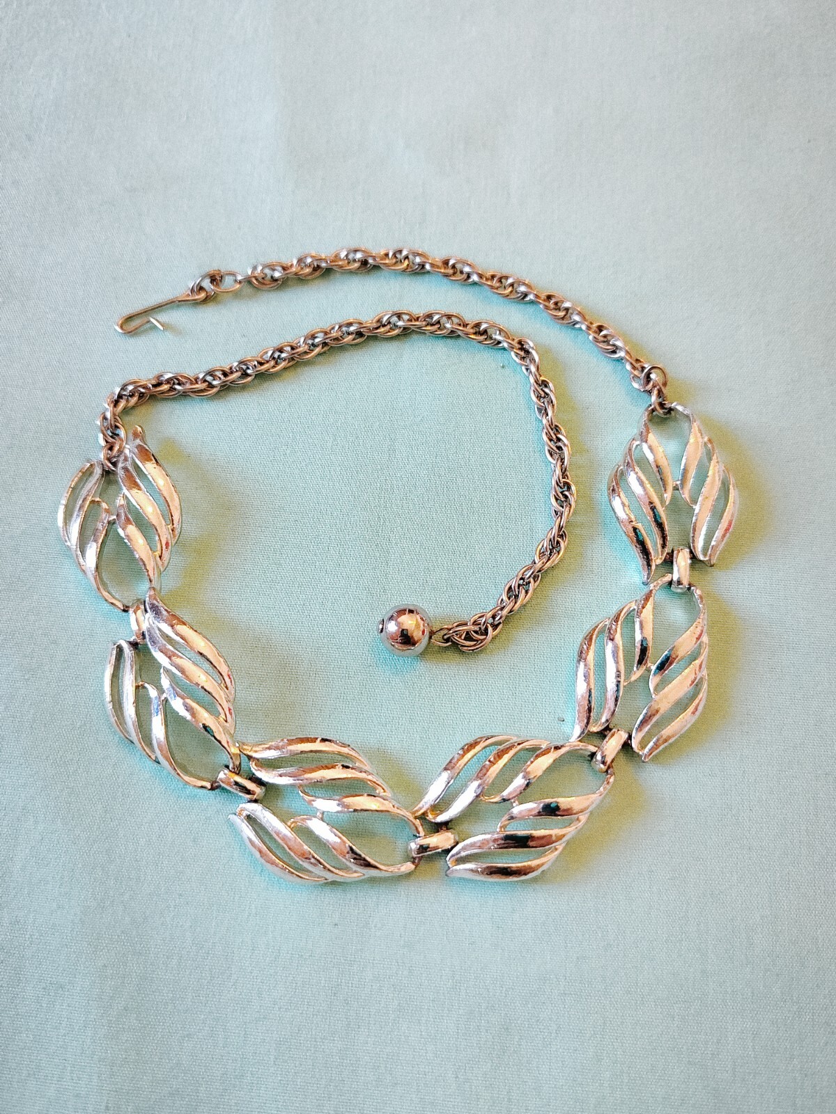 Open Work Filagree Panel Link Necklace Silver Tone 16.5in Shepard Hook