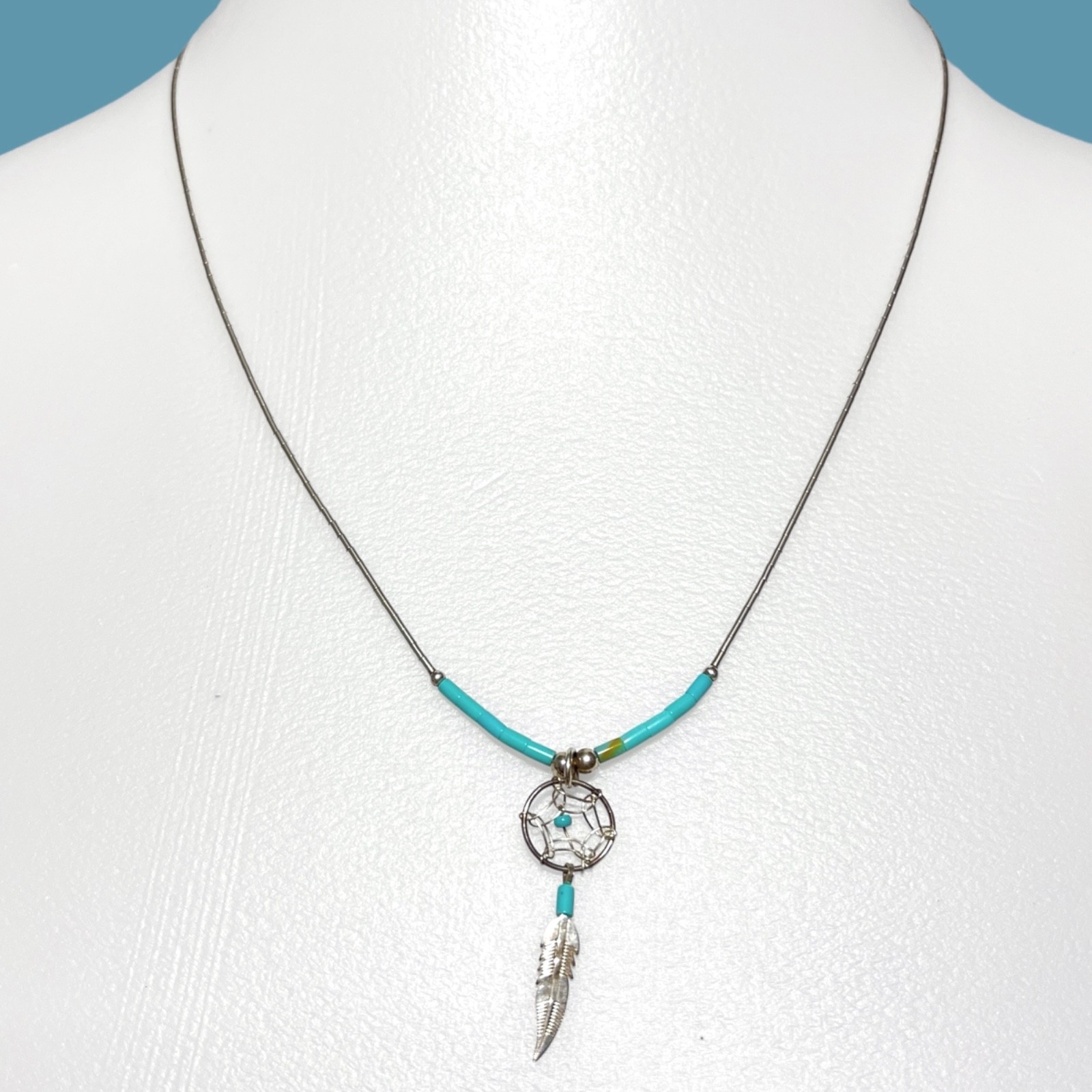 Vintage Liquid Silver Dreamcatcher Necklace Blue Bead Feather Charm Southwestern