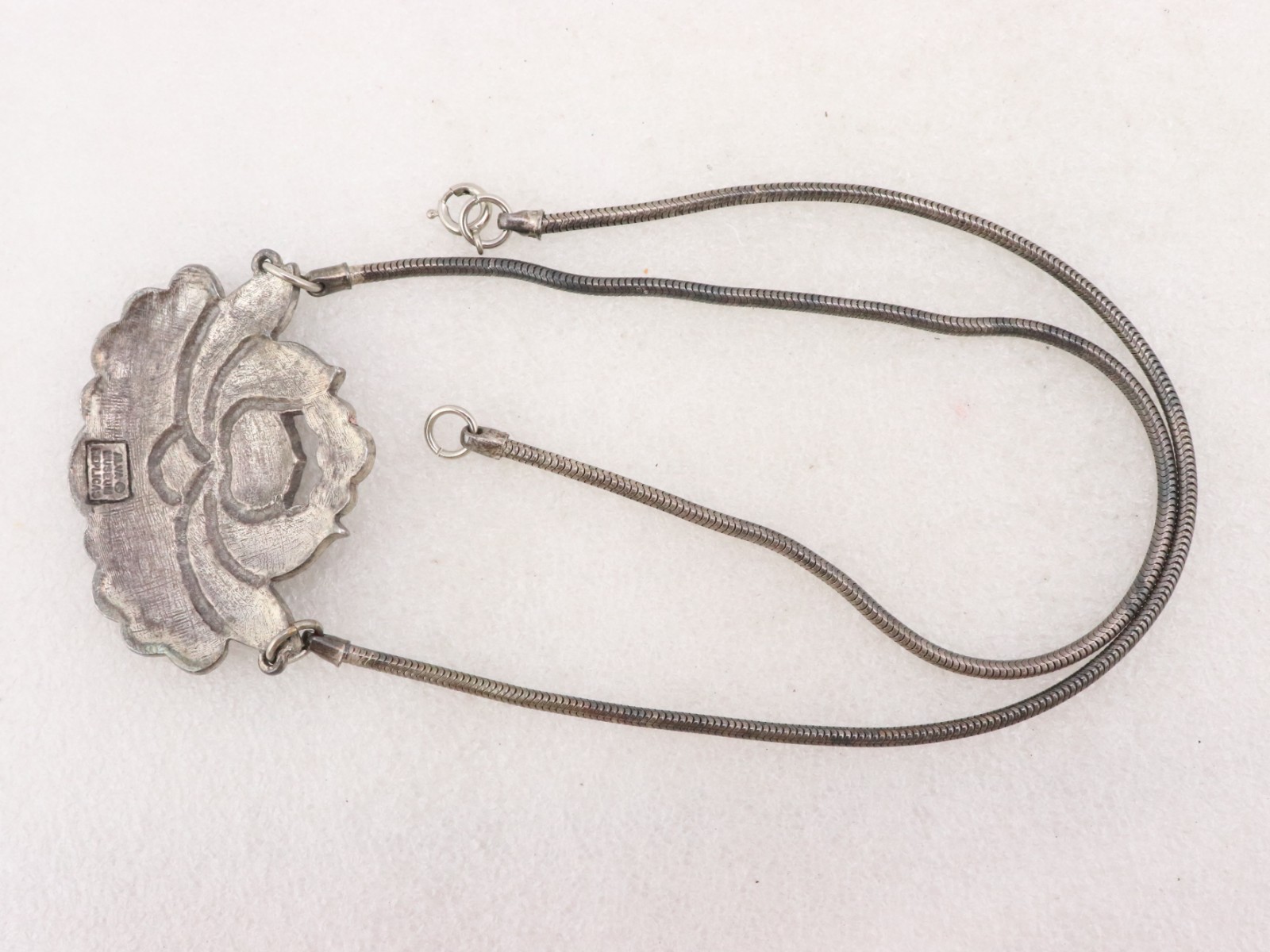 20″ Vintage Alva Museum Replicas Lotus Flower Necklace Antique Silver Tone