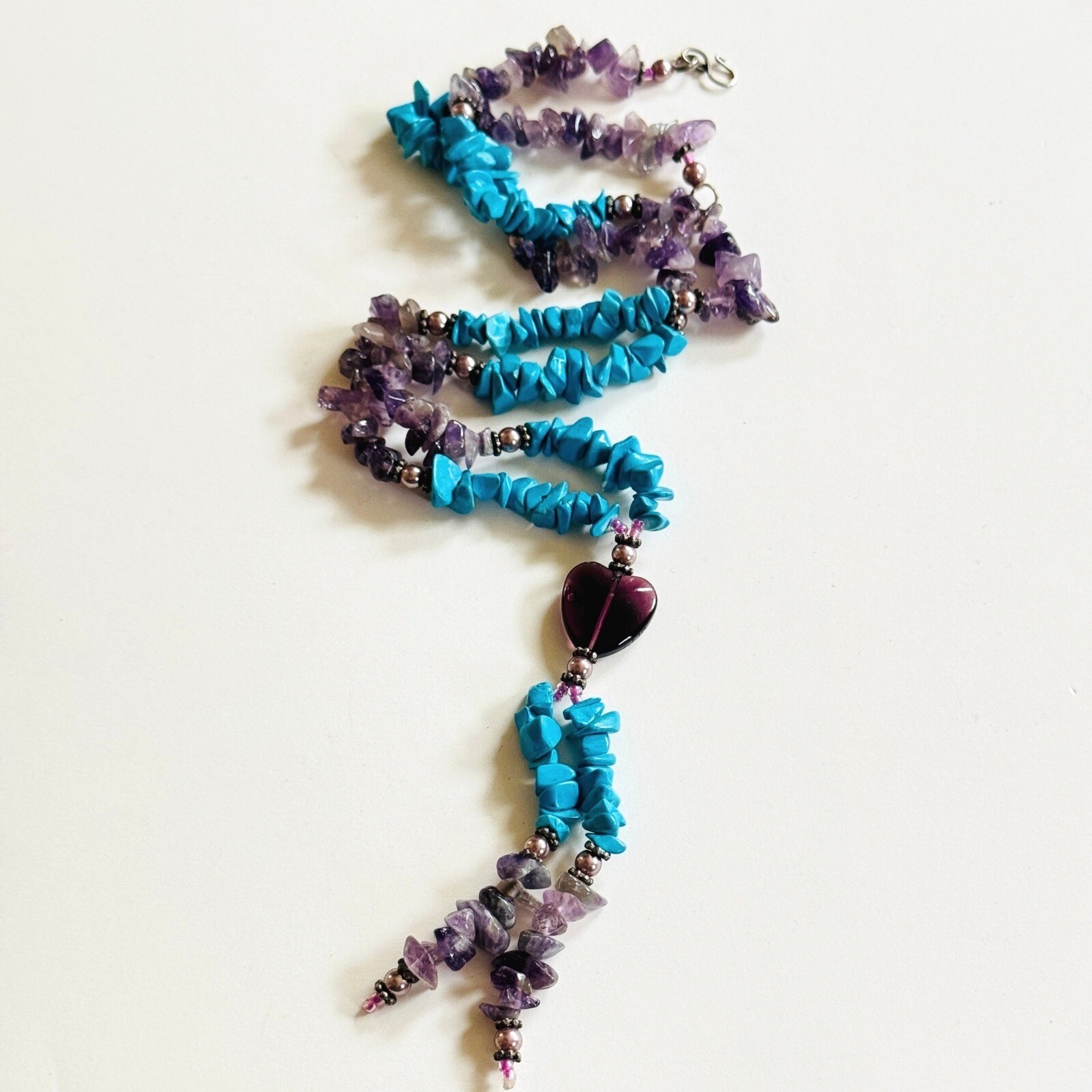 South Western Heart Boho Necklace VTG Blue Turquoise purple Amethyst Beads 21″