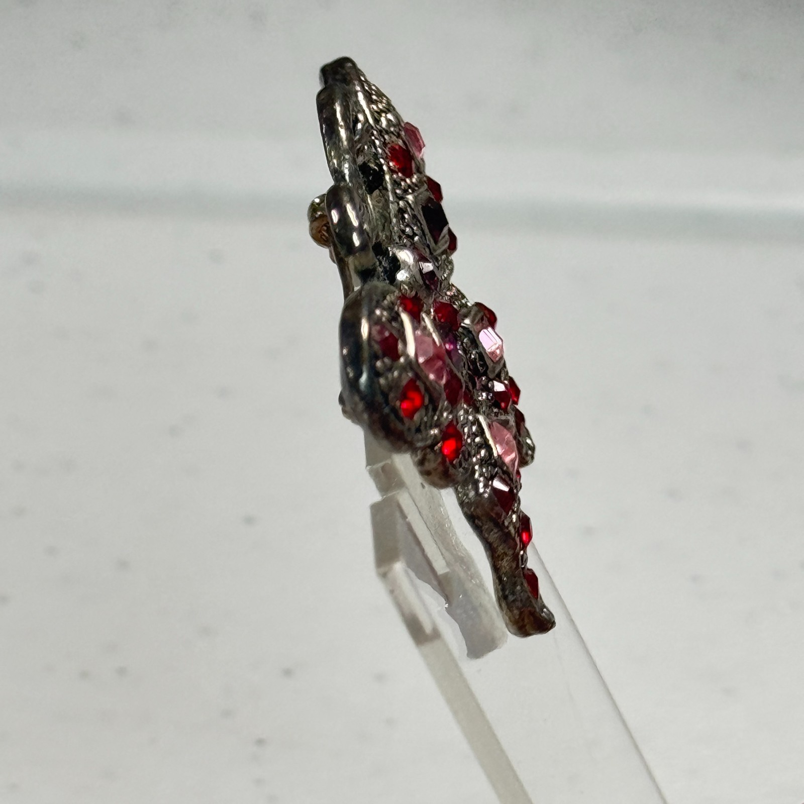 Vintage Brooch Butterfly Gunmetal Red Pink Rhinestone Pavé Statement Pin mcm