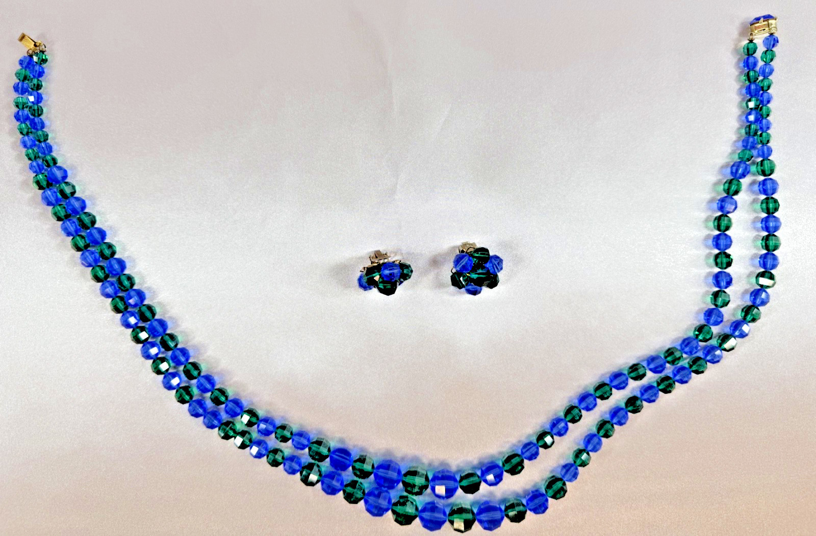 Vintage Blue & Green Faceted Glass Beaded Necklace Clip Earrings Set
