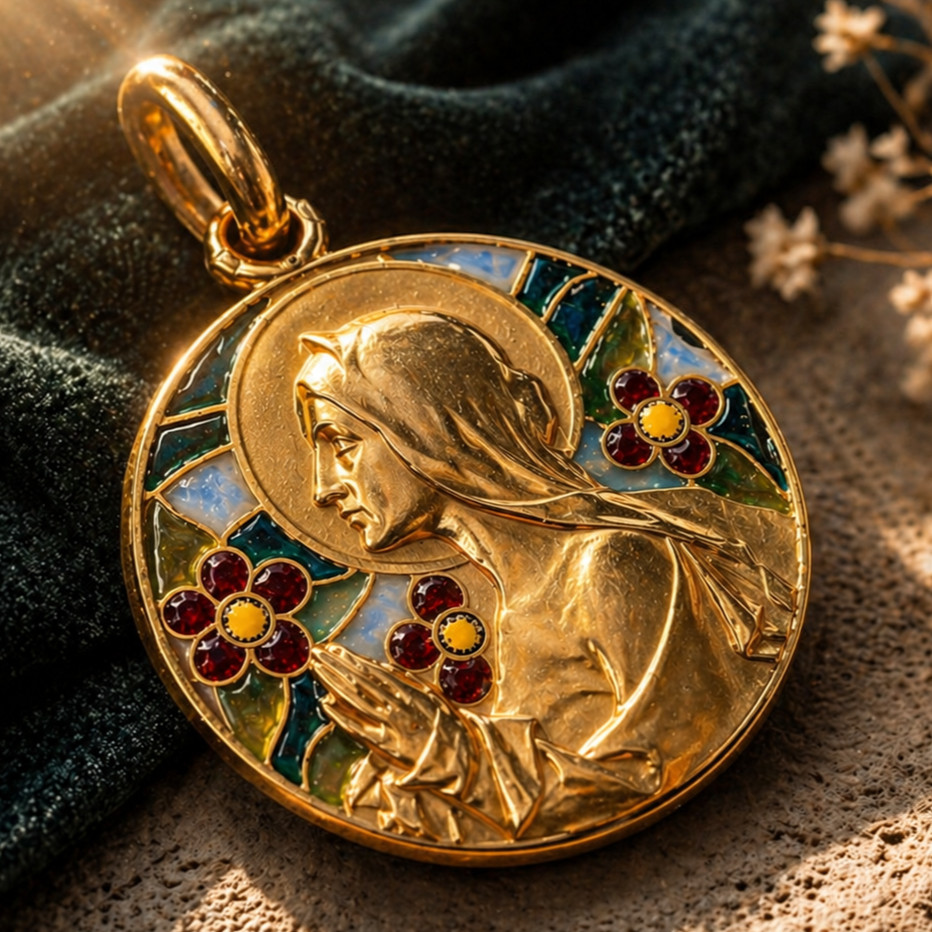 Virgin Mary Pendant 18K Gold Plique-à-Jour Enamel Religious Antique Art Nouveau