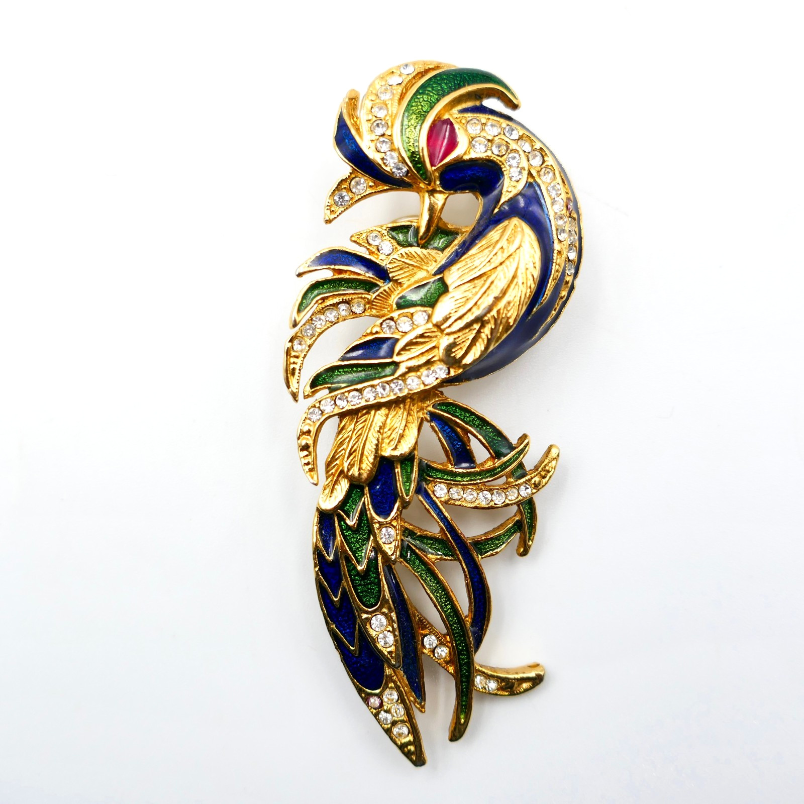 Sphinx Bird of Paradise Pin Brooch 3″ Enamel Rhinestone England Vintage