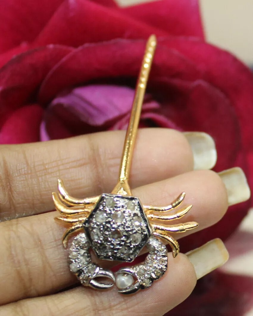 1.10ct Rose Cut Diamond 925 Silver Pearl Anniversary Wedding Crab Stick Pin