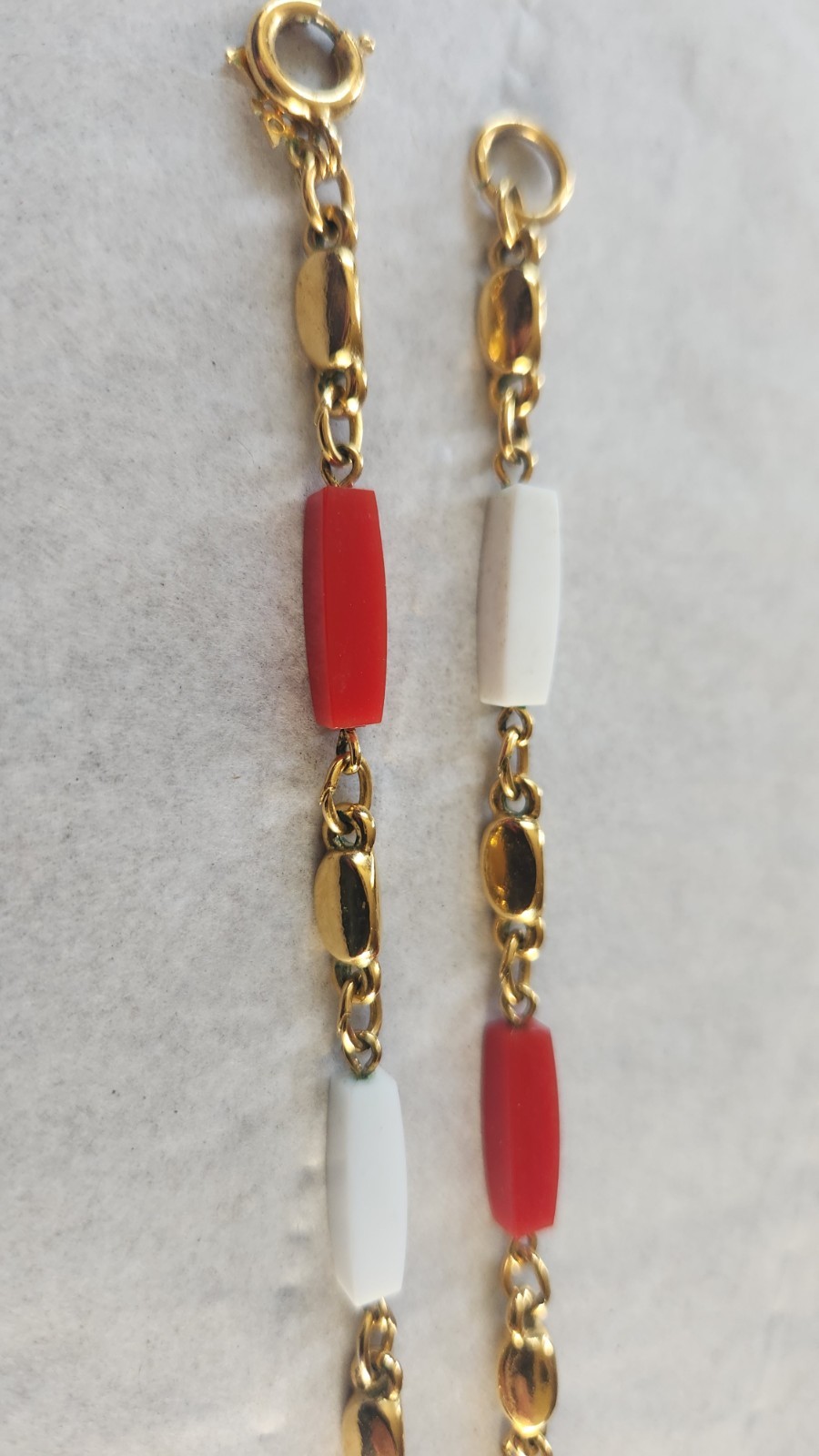 Trifari Necklace Clip On Earrings gold-tone Red, White & Blue Plastic Beads