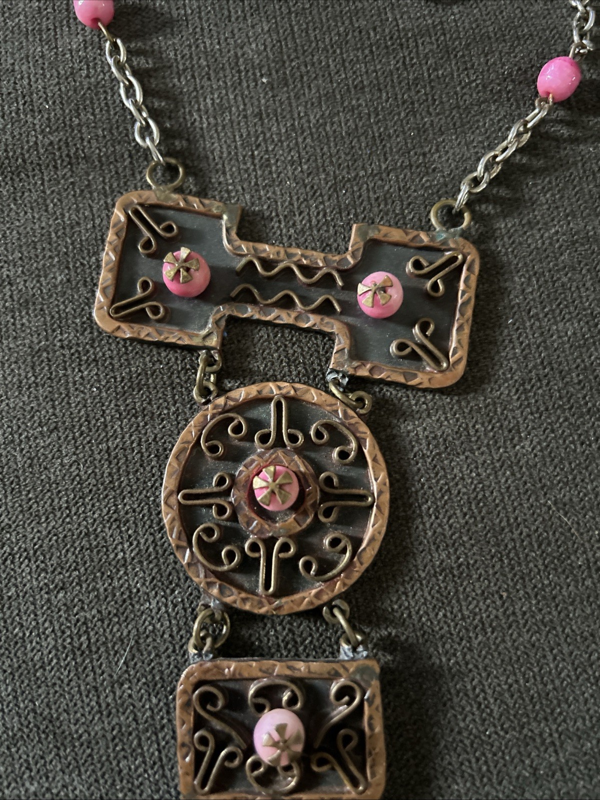 Vintage Casa Maya Mexico Necklace Copper Brass Pink Color Beads —
