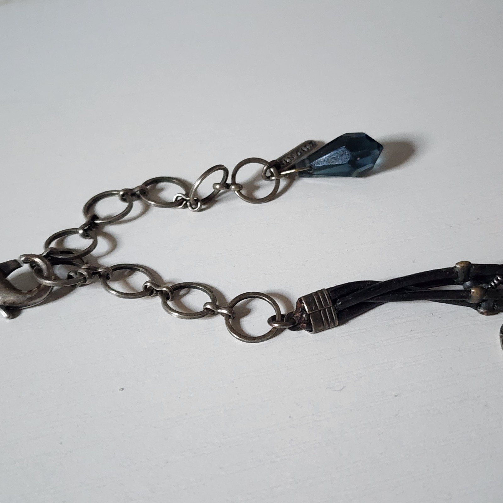 Vintage Van Galz Black Leather Multi Strand Necklace Blue Crystals Heart Charms