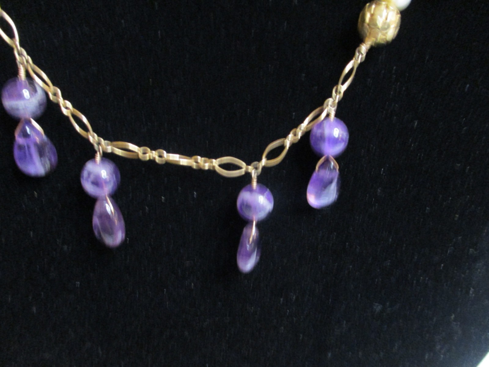 Antique-Like 14K GF Flowerette Necklace w/Jade, Amethyst, Pearl 30.75″L Handmade