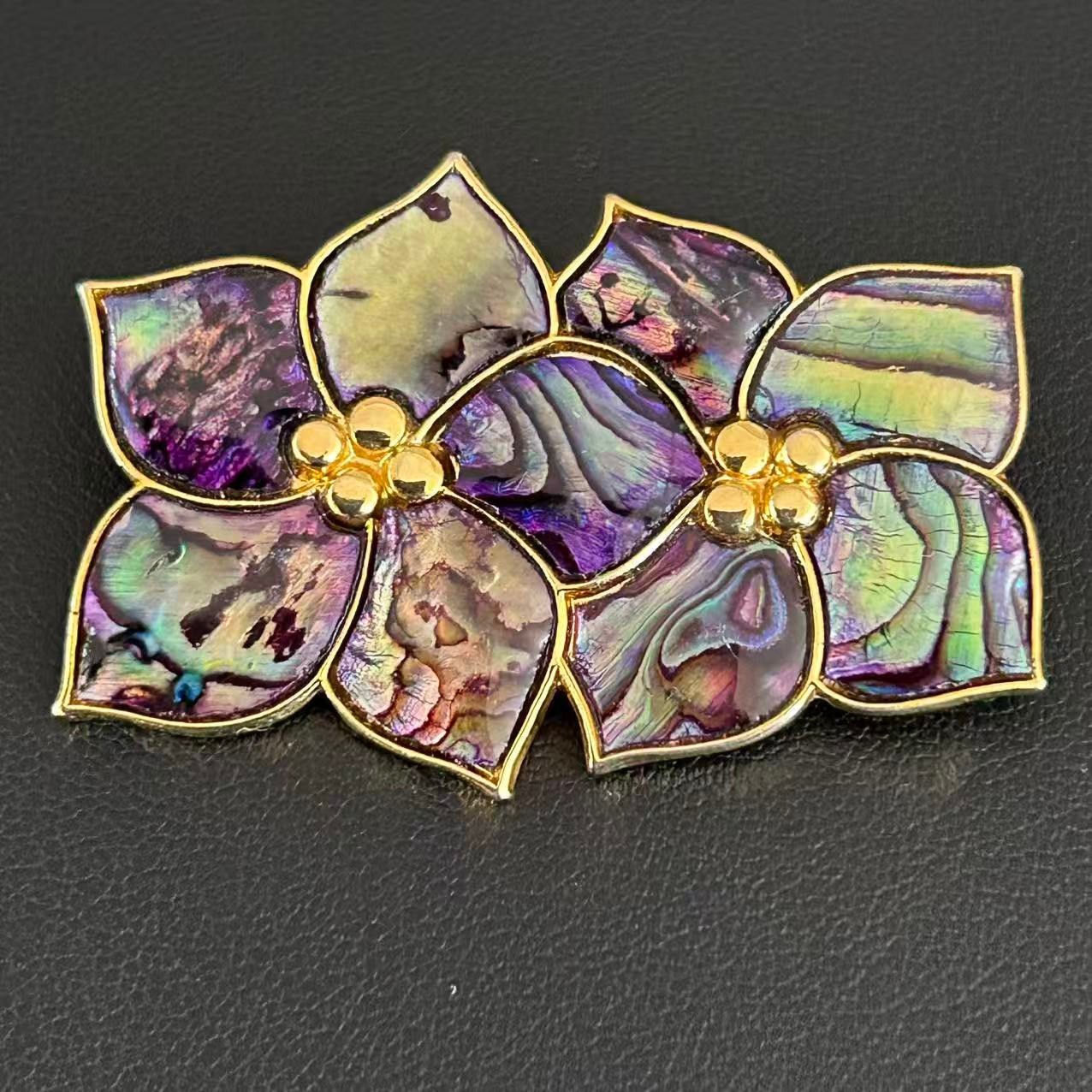 Vintage Abalone Shell Double Flower Brooch Pin Resin Gloss Gold Tone Retro 80s
