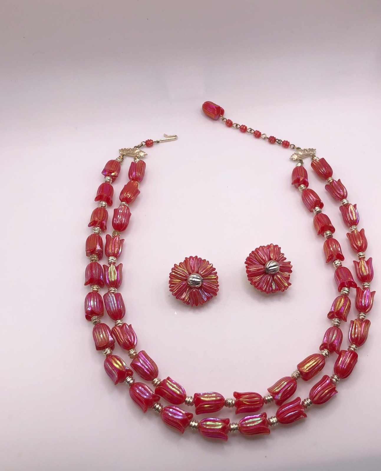 Vintage red iridescent tulip bead two strand necklace and earrings
