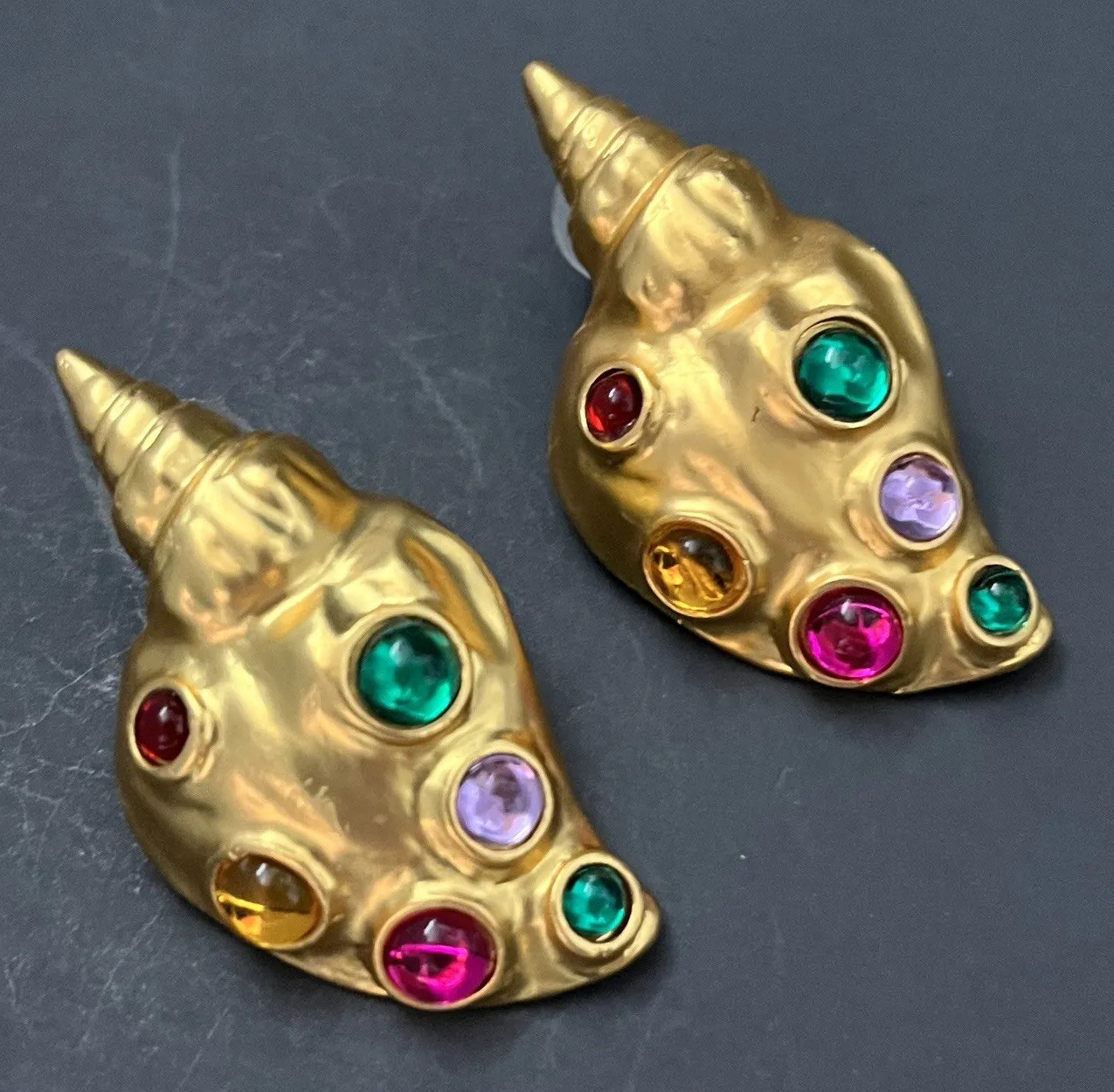 Matte Gold Seashell Conch Shell Earrings Mogul Cabochon Pierced Statement Bold