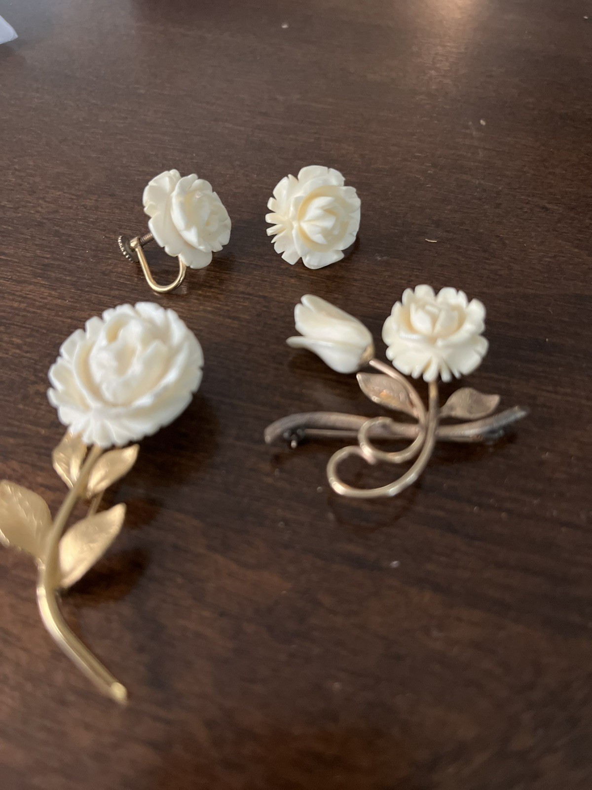 White Faux Ivory And Gold Rose Earrings And (2) Brooch Set