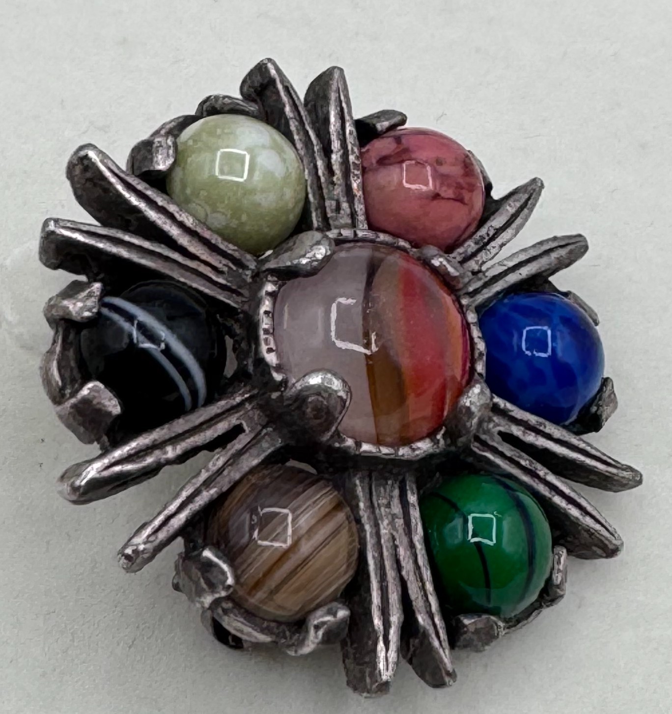 Vintage Miracle Scottish Celtic Pewter Agate Multi-Stone Starburst Brooch Pin
