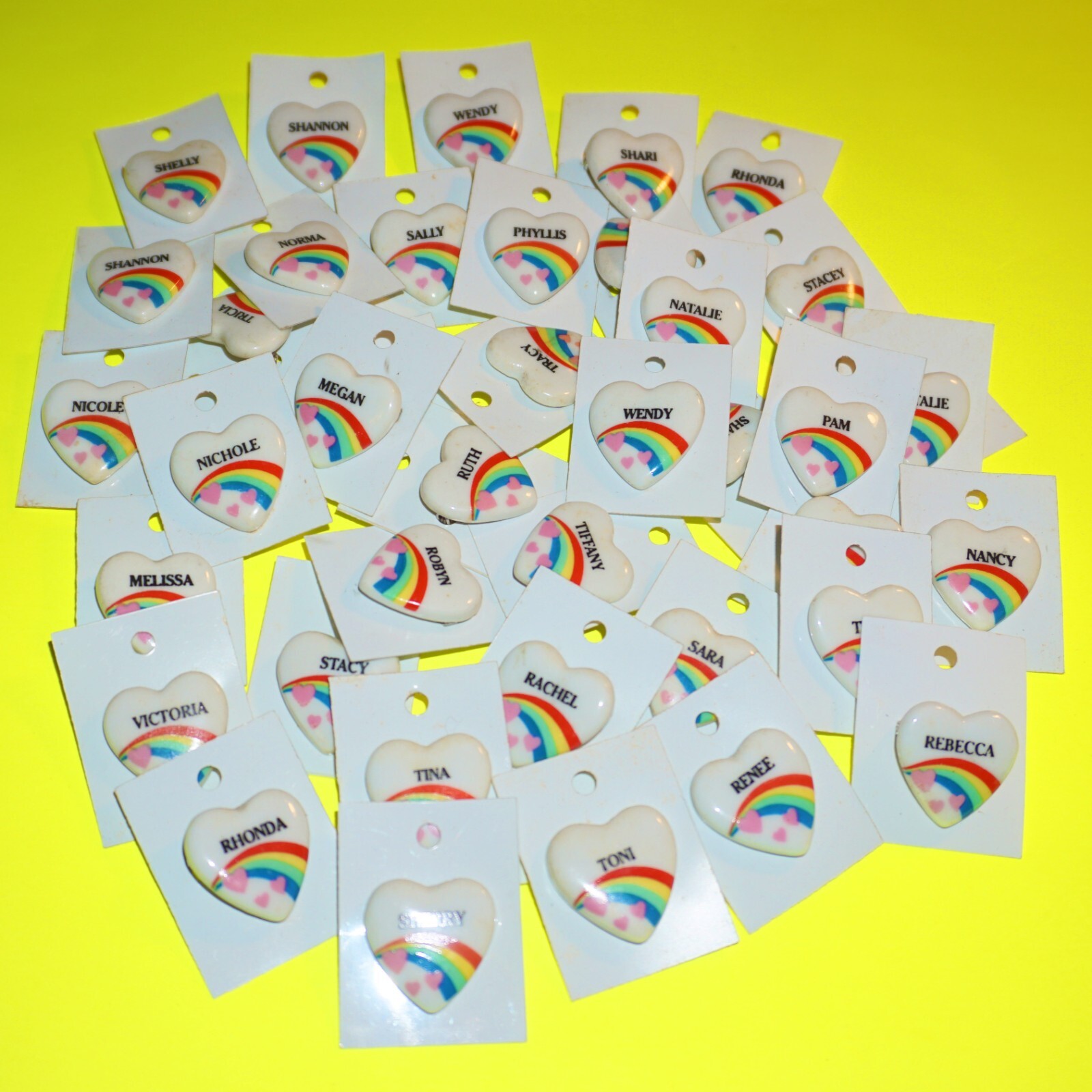 Rainbow Heart Pins on White Vintage 80’s Pick Name Retro Girls Names Hat Bag Etc
