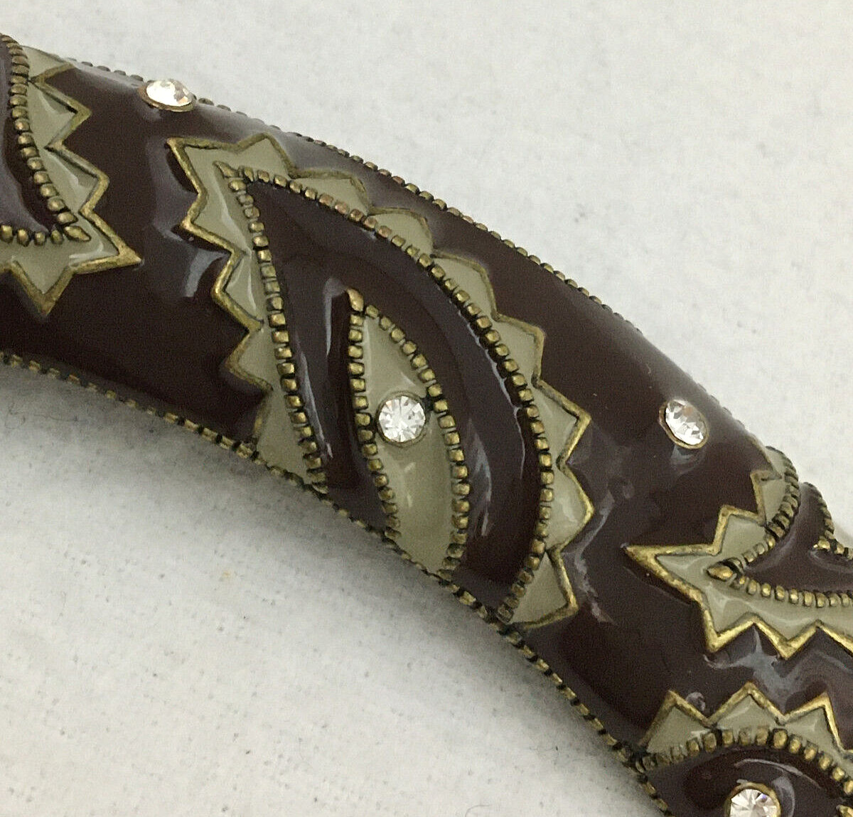 Brass Tube Slide Pendant Brown Tan Enamel Rhinestone Embossed 3 1/8″ X 3/4″