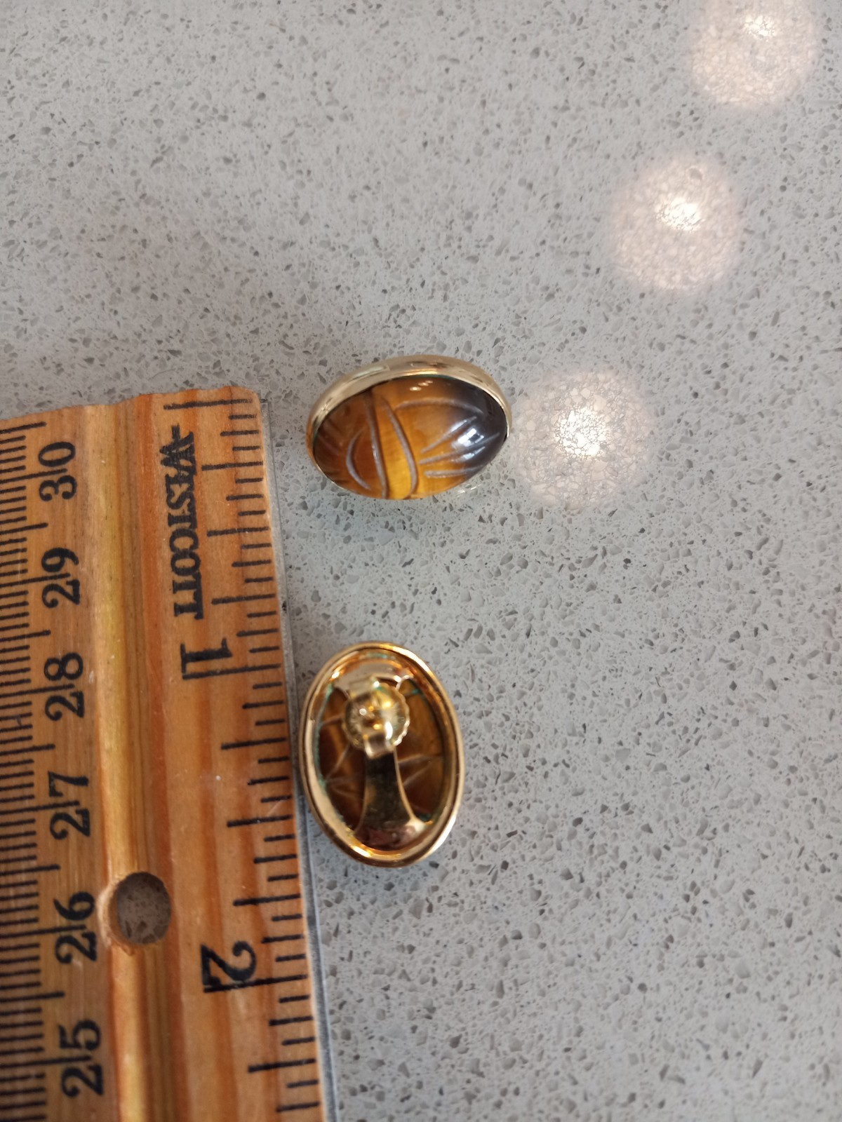 vintage gold filled tiger’s eye scarab stud earrings Unmarked