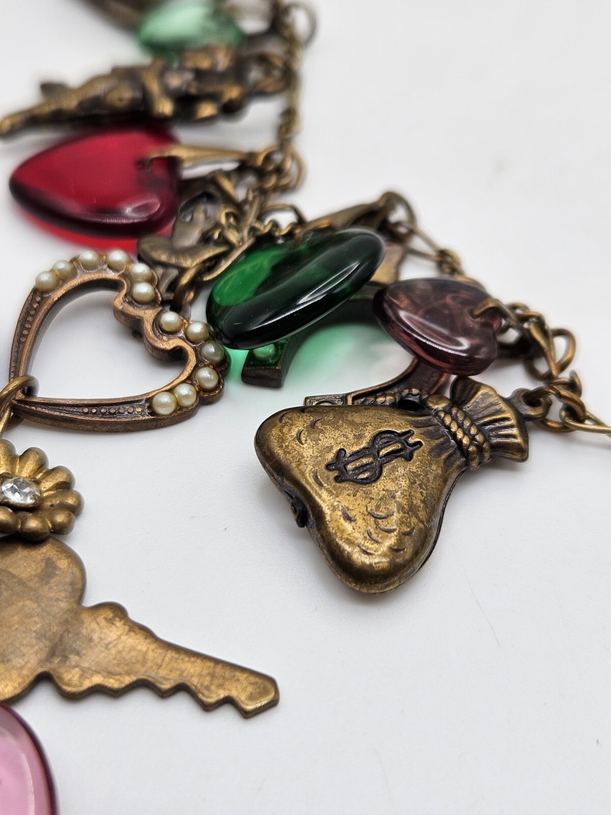 Glass Works Studio Brass Tone Multicolor Glass Dangle Hearts Charm Necklace