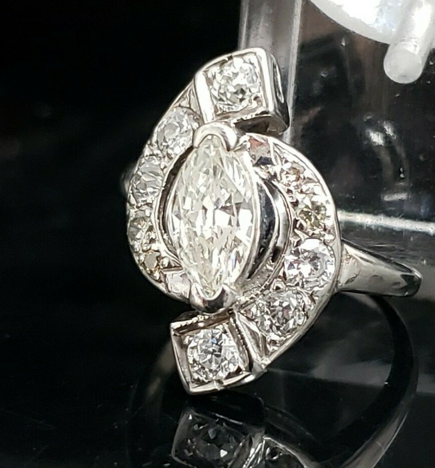 Antique 14 Karat White Gold 1.00 CTW Marquise Diamond Engagement Ring. #VR67