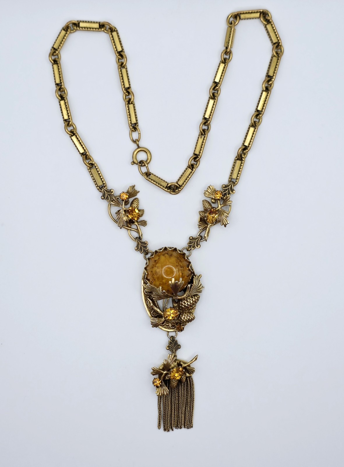 Vintage Germany Amber Glass Cabochon Tassel Pendant Necklace Rhinestone Leaf