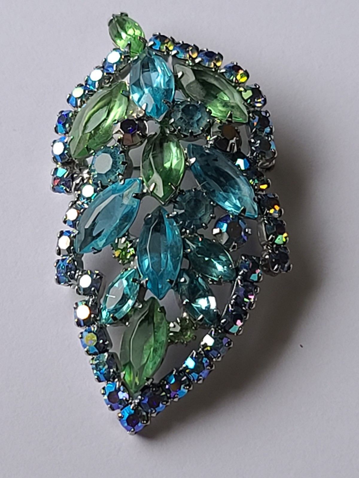 VTG MCM Aque Blue & Lime Green Rhinestone Leaf Brooch Pin (Some AB Finish)