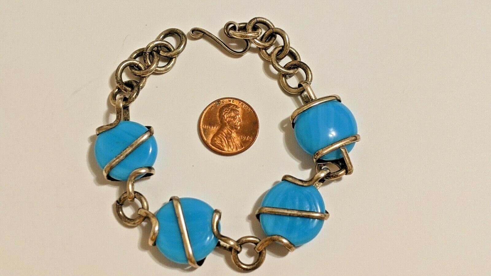 VINTAGE STERLING SILVER MEXICO BRACELET BLUE STONES ABOUT 8 3/4″ SIGNED MEX 925