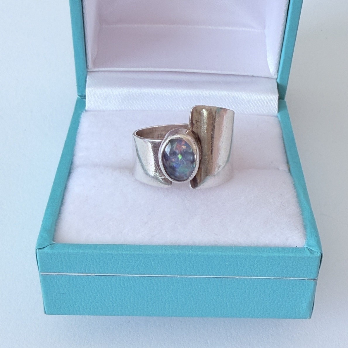 Artisan Hand Made Modernist Sterling 925 Black Opal Band Ring Sz 5.5