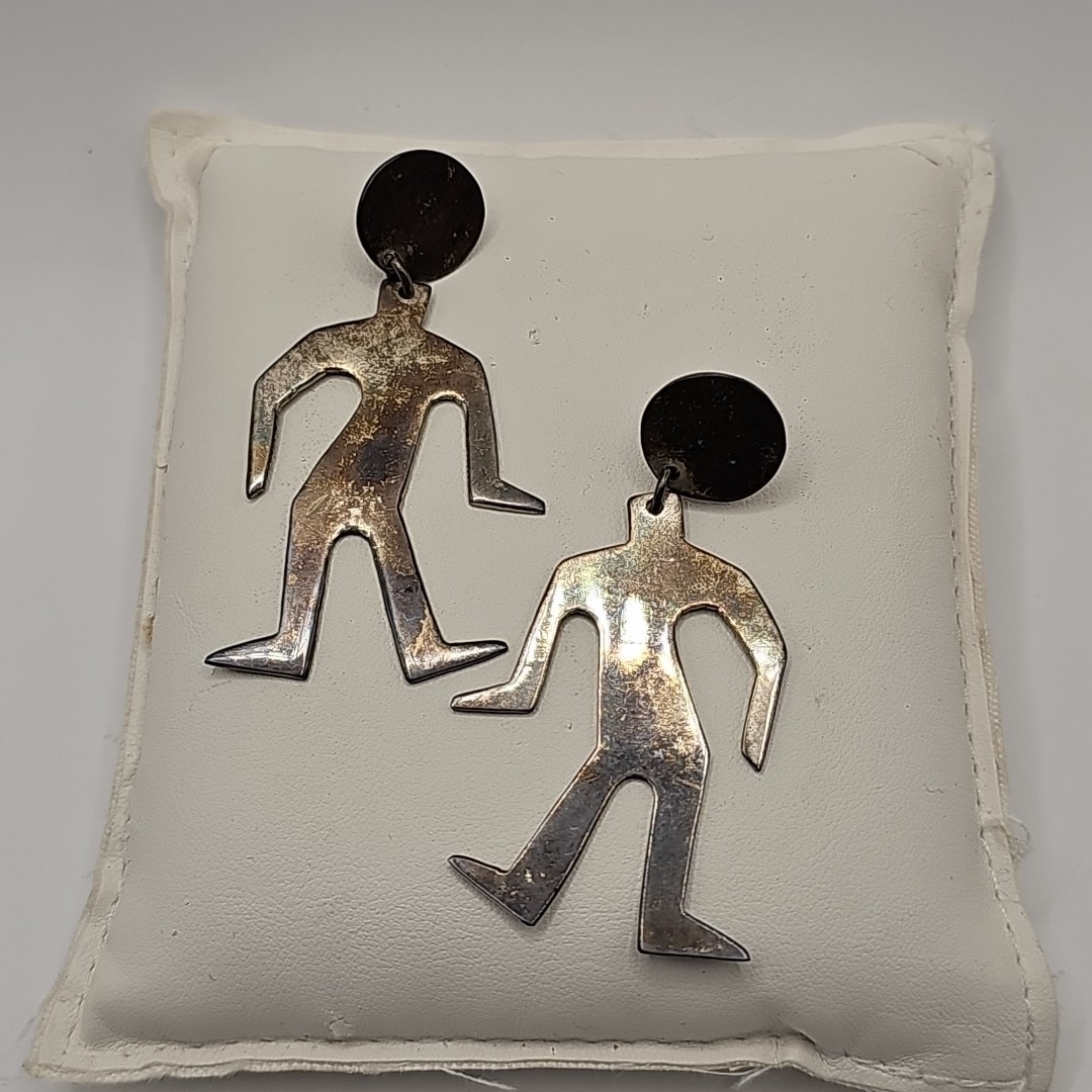 Vintage Silver Tone Articulated Person Dangle Earrings New Orleans Artist Made