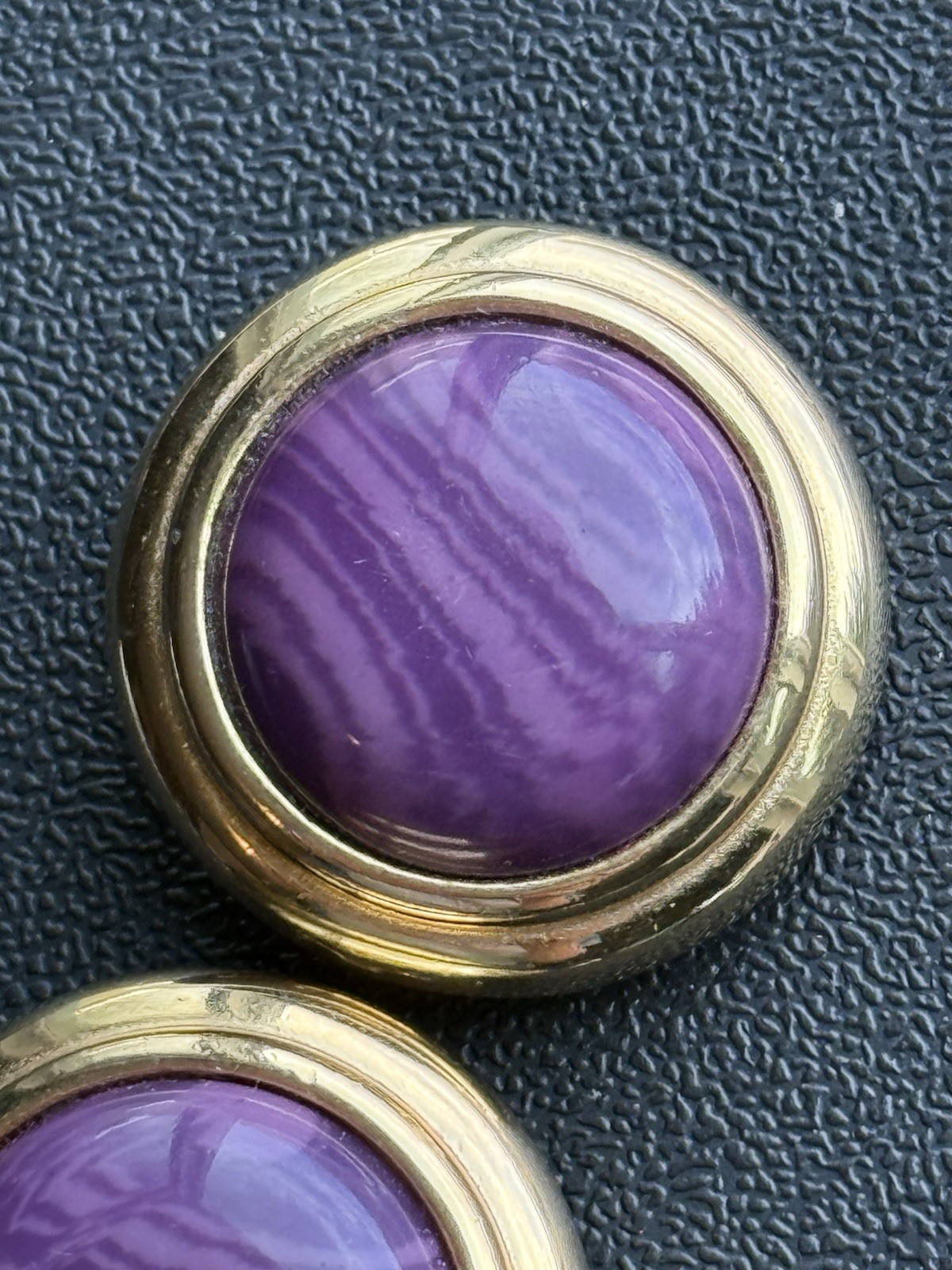 Vintage Designer Gay Boyer Earrings Purple Dome Gold Tone Large Clip On A
