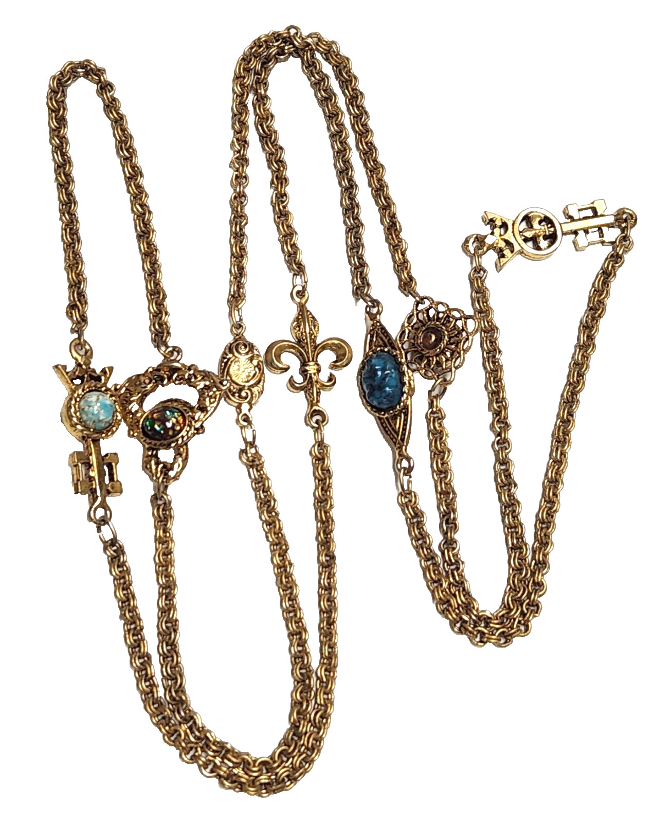 Vintage Unsigned Goldette Fluer de Lis, Faux Gemstone. Key Station Necklace 54″