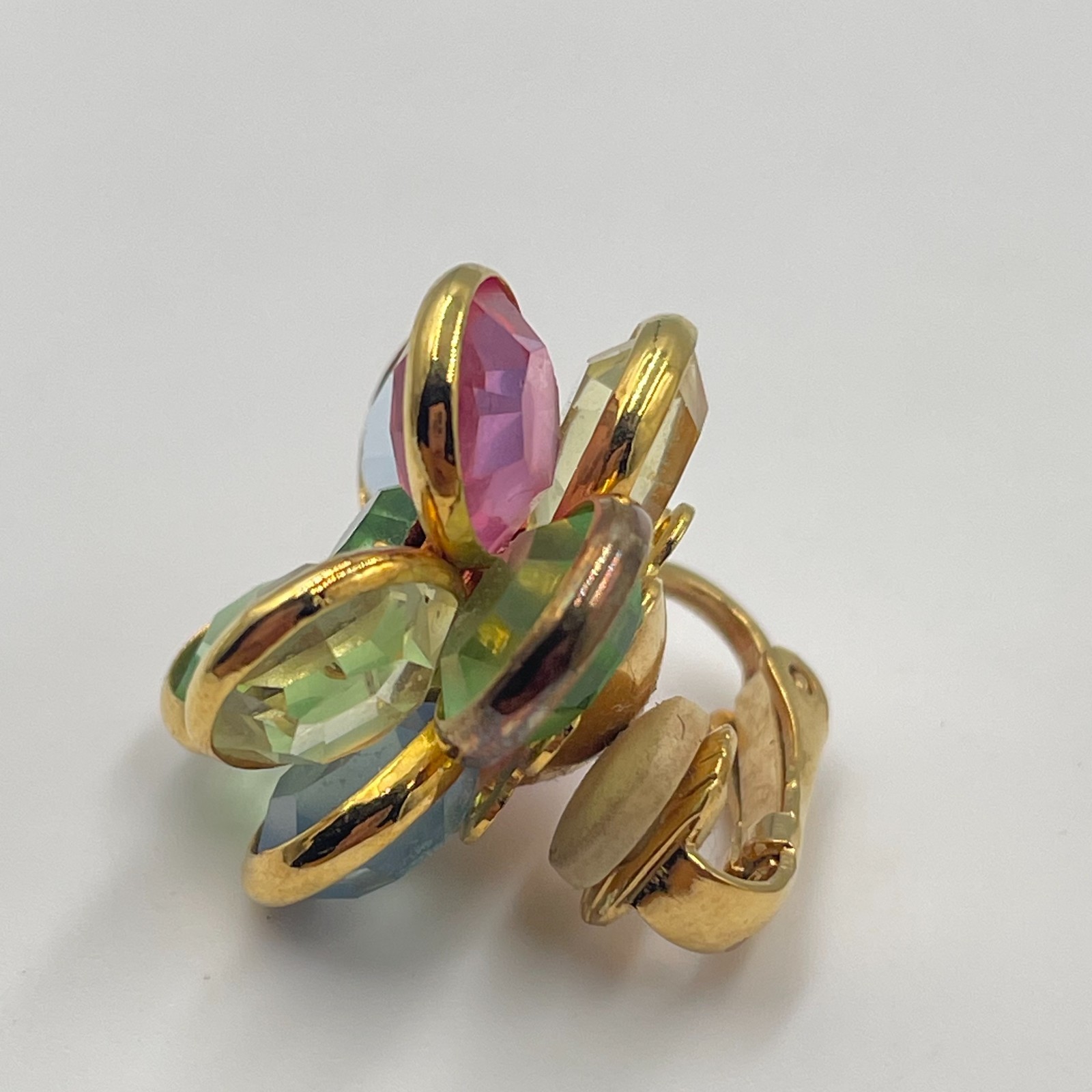 Vintage Multi Color Rhinestone Pastel Flower Clip On Earrings Gold Tone Retro